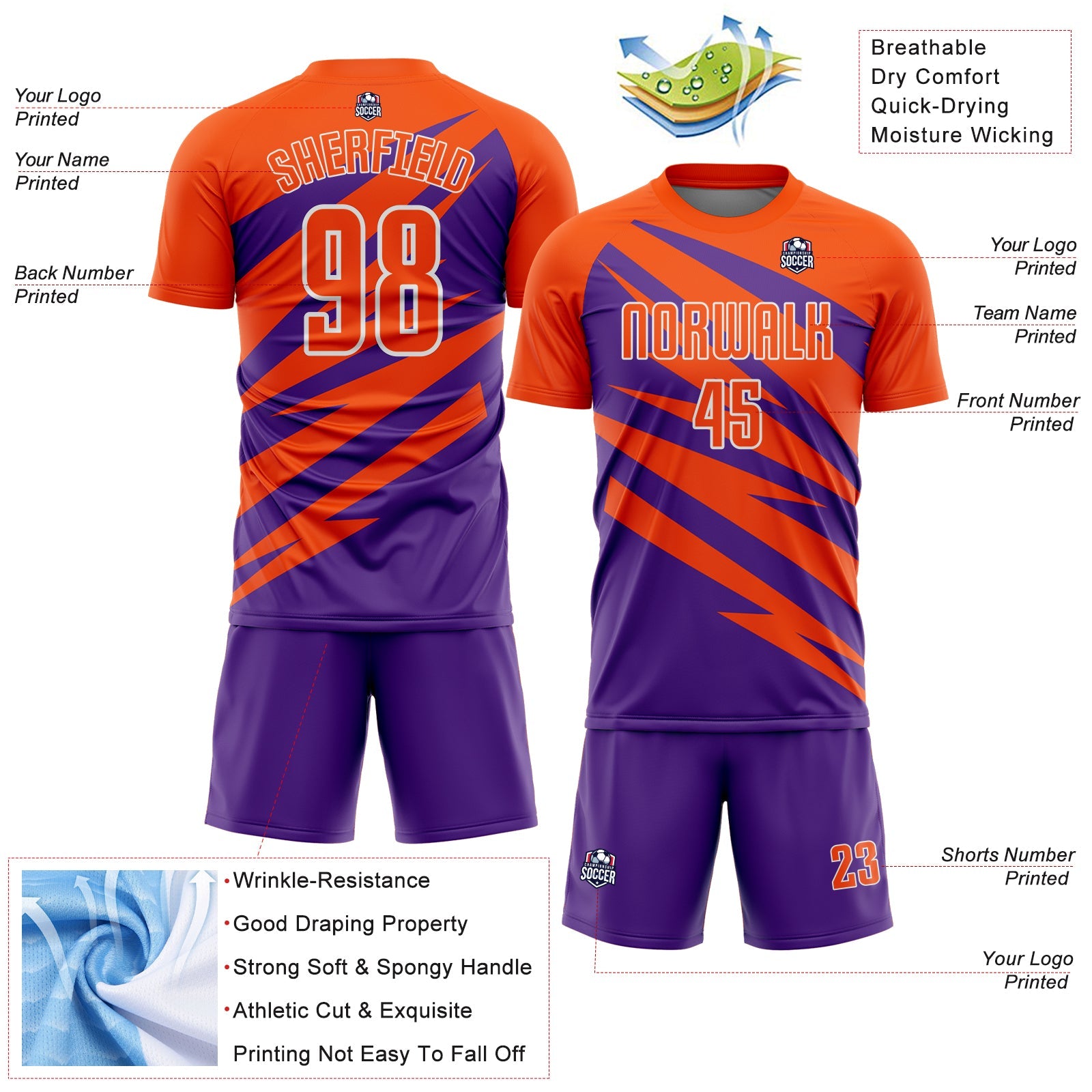 Custom Orange Purple-White Abstract Line Sports Sublimation Soccer Uniform Jersey