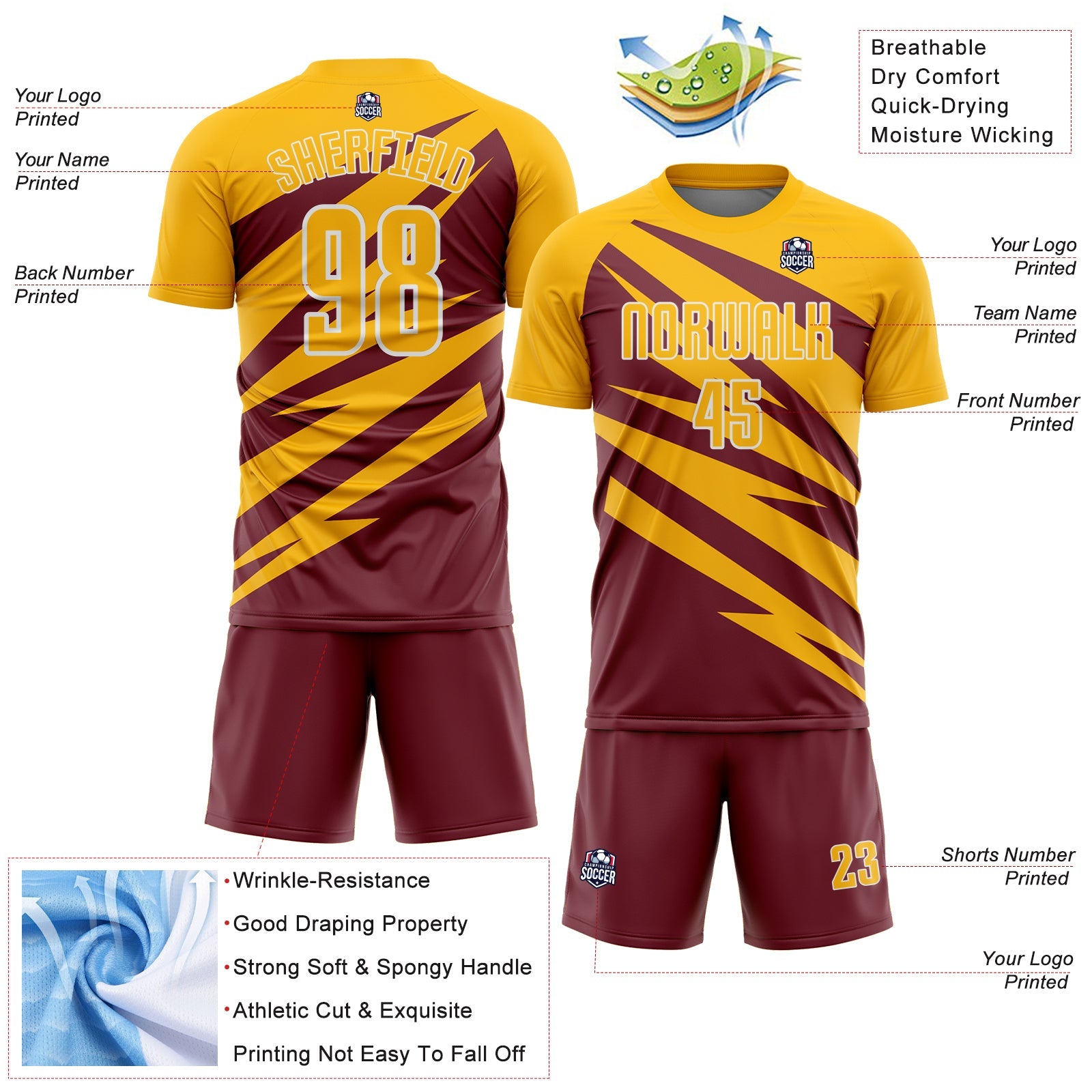 Custom Gold Burgundy-White Abstract Line Sports Sublimation Soccer Uniform Jersey