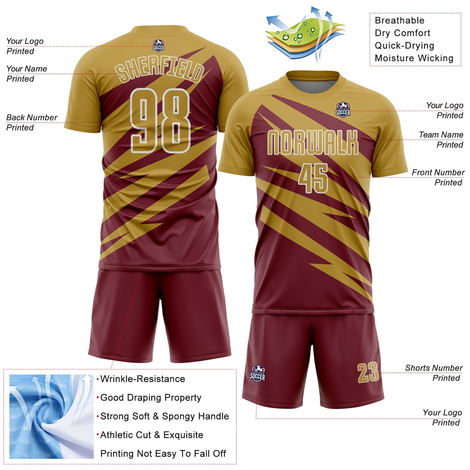 Custom Old Gold Burgundy-White Abstract Line Sports Sublimation Soccer Uniform Jersey
