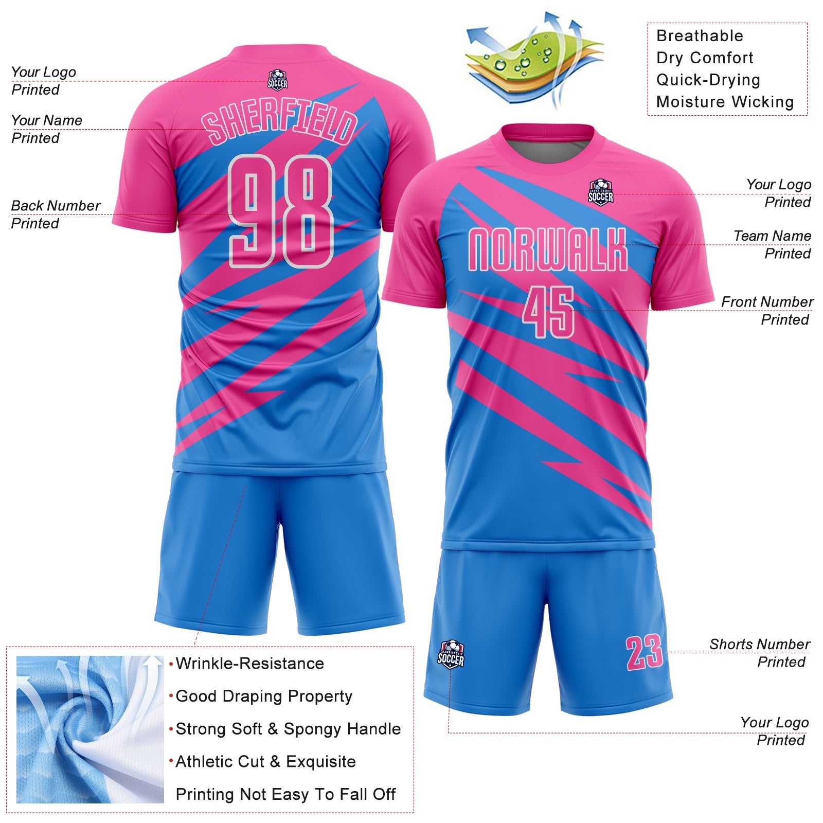 Custom Pink Powder Blue-White Abstract Line Sports Sublimation Soccer Uniform Jersey