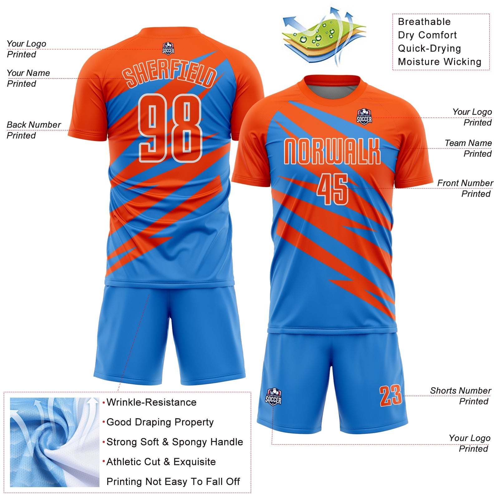 Custom Orange Powder Blue-White Abstract Line Sports Sublimation Soccer Uniform Jersey