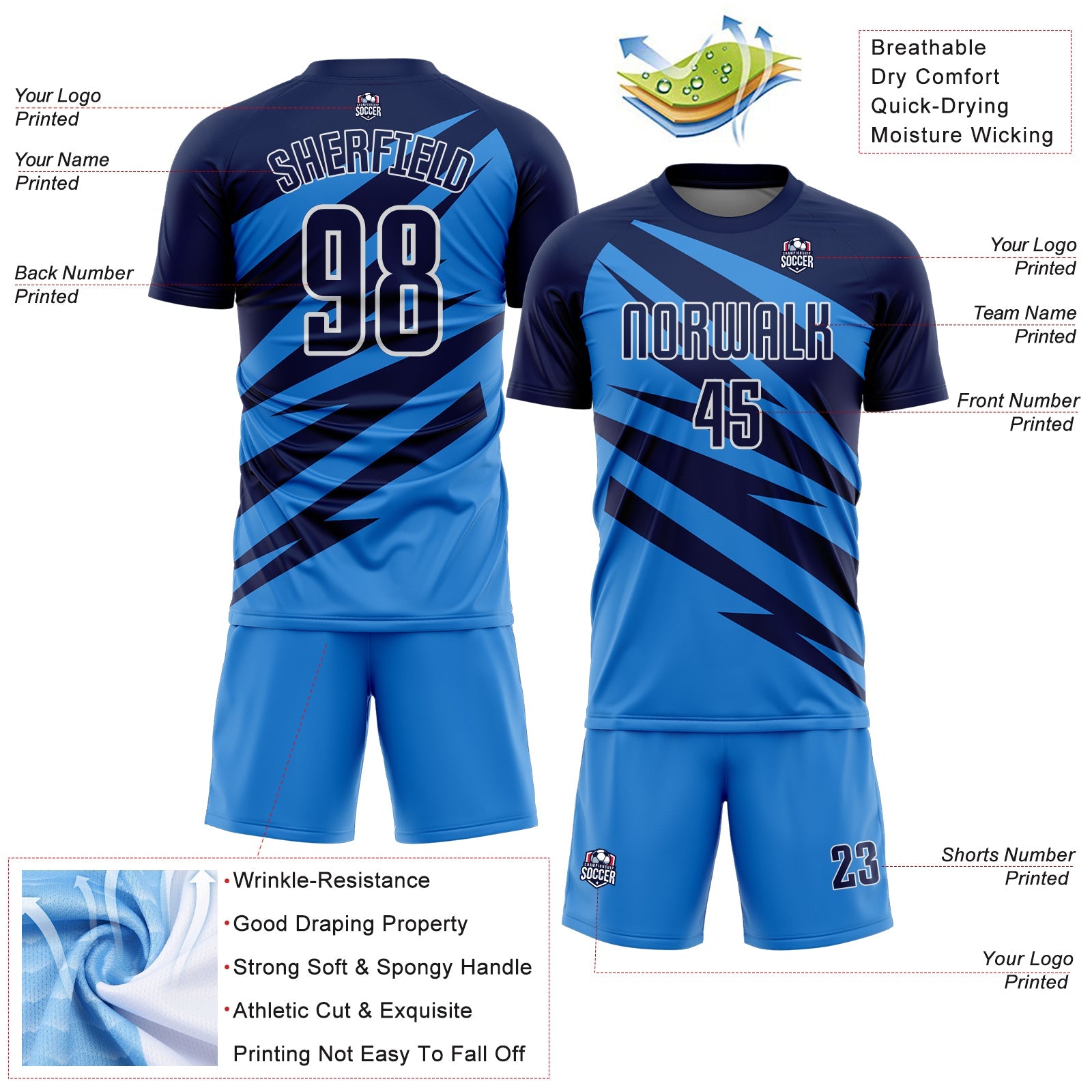 Custom Navy Powder Blue-White Abstract Line Sports Sublimation Soccer Uniform Jersey