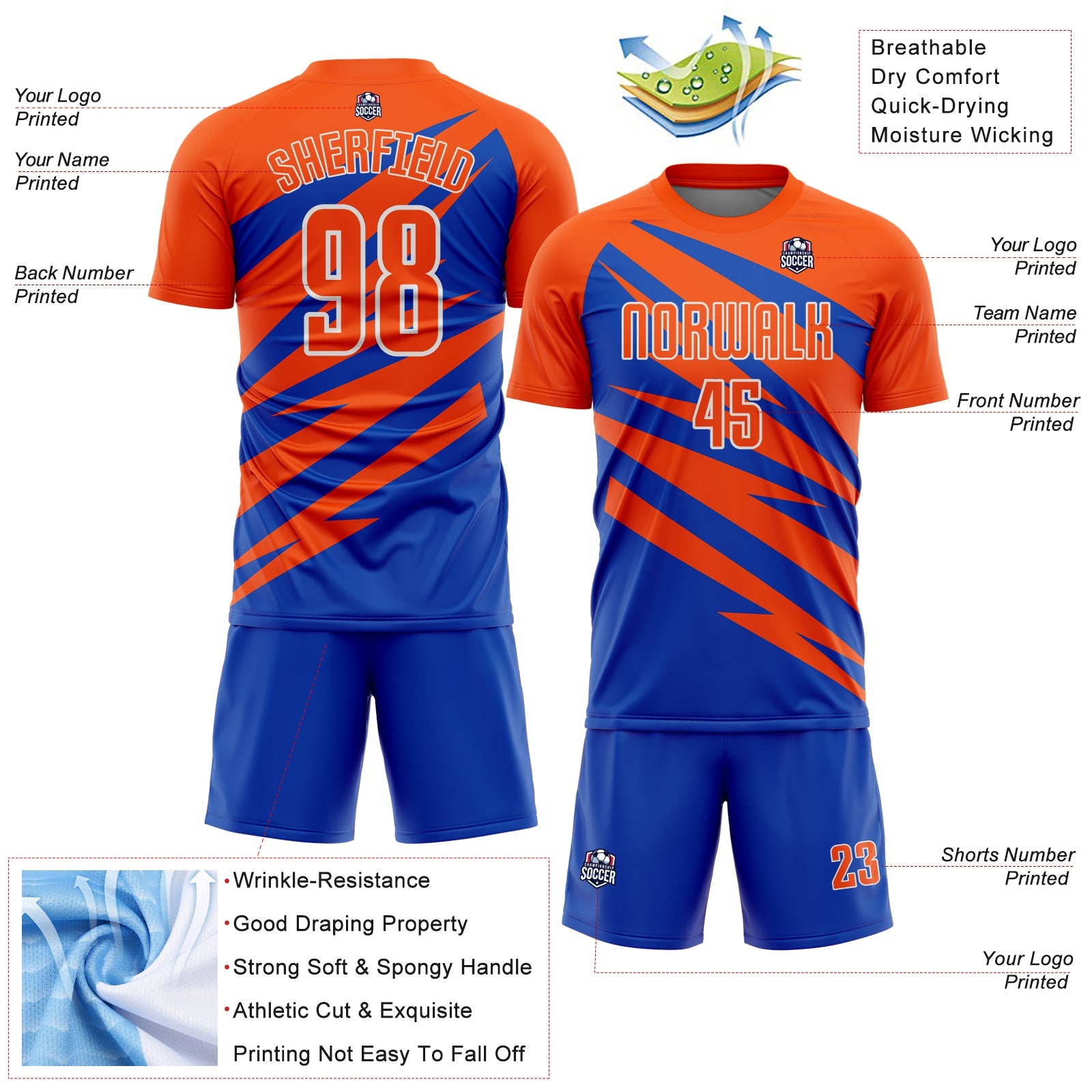 Custom Orange Thunder Blue-White Abstract Line Sports Sublimation Soccer Uniform Jersey