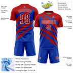 Custom Red Thunder Blue-White Abstract Line Sports Sublimation Soccer Uniform Jersey