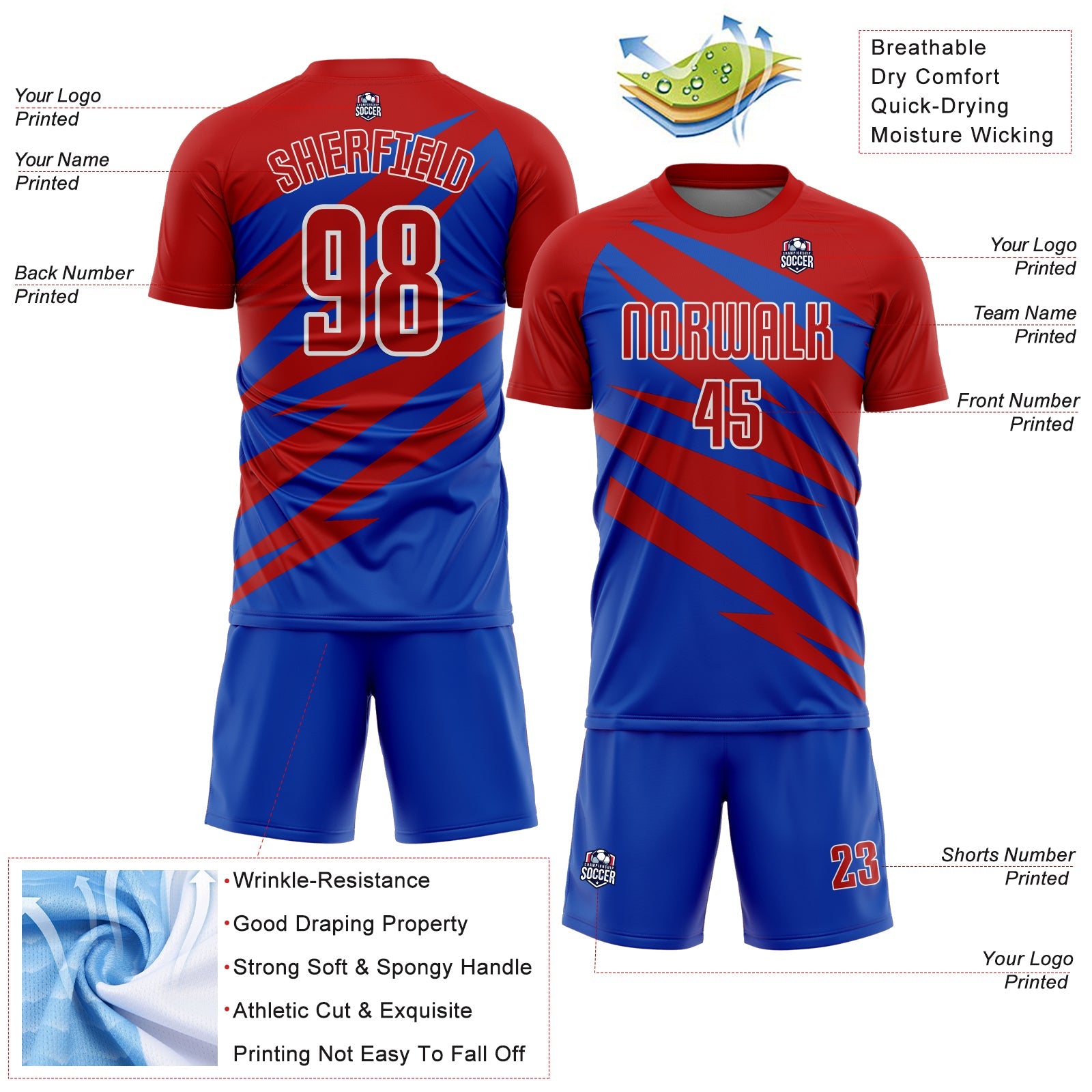 Custom Red Thunder Blue-White Abstract Line Sports Sublimation Soccer Uniform Jersey