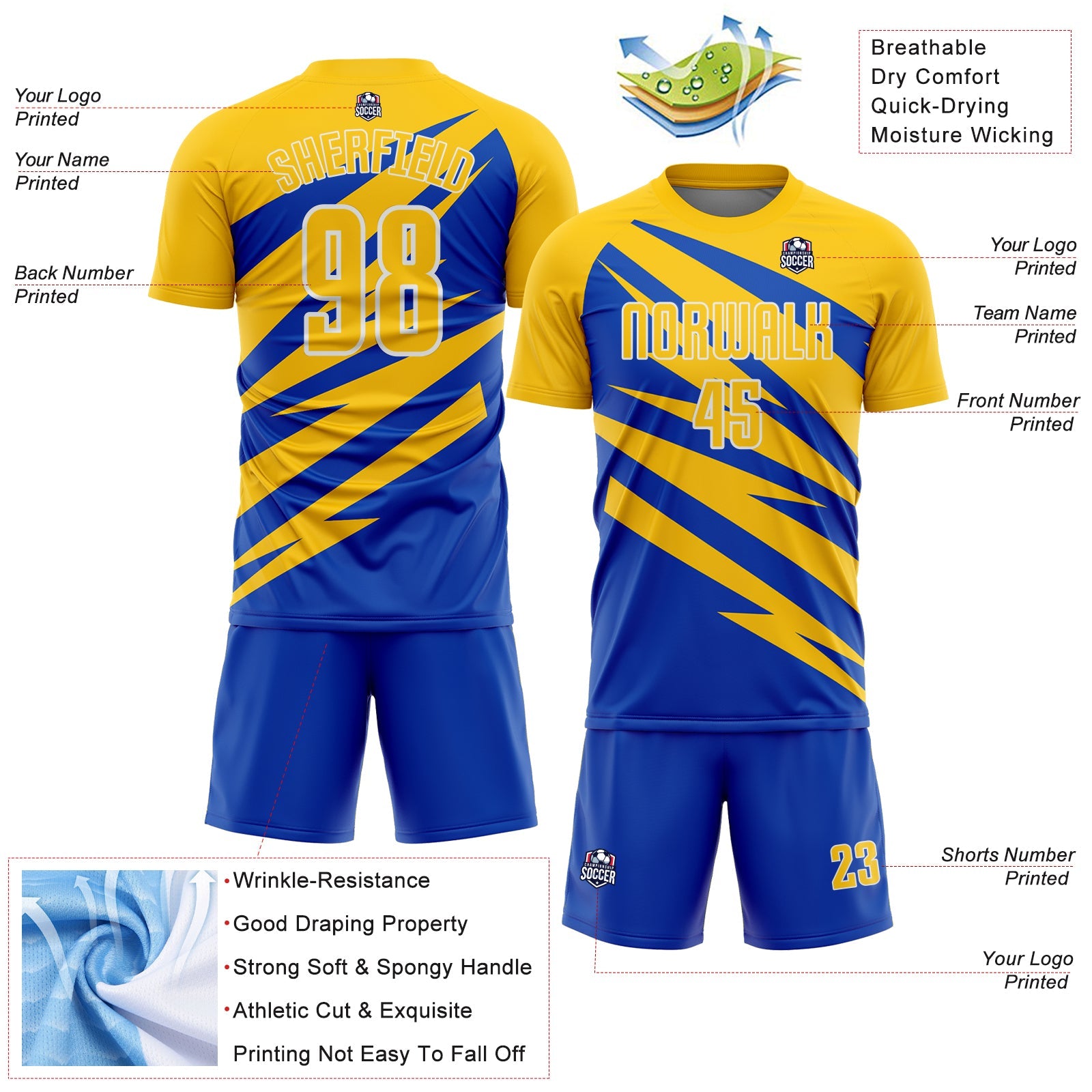 Custom Yellow Thunder Blue-White Abstract Line Sports Sublimation Soccer Uniform Jersey