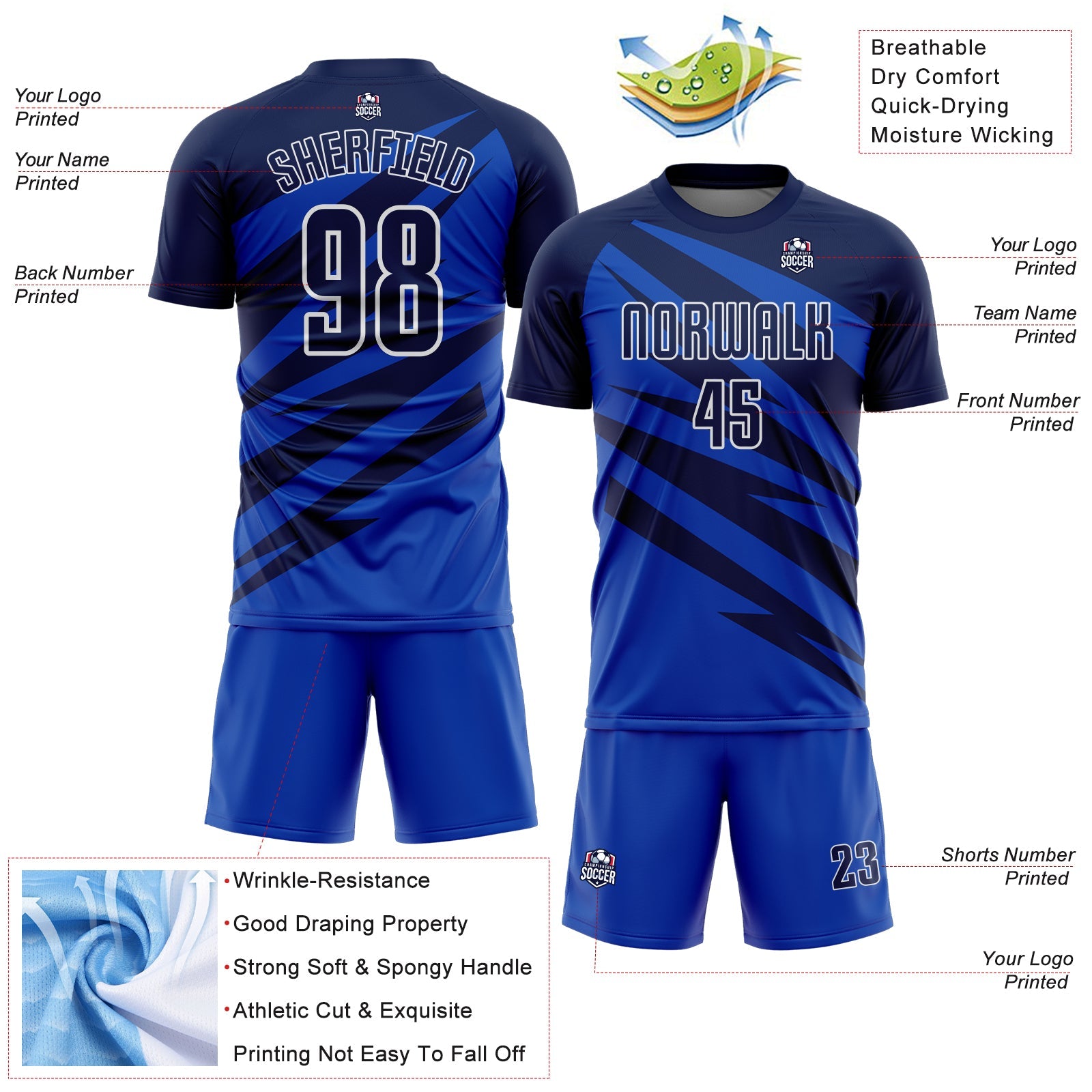 Custom Navy Thunder Blue-White Abstract Line Sports Sublimation Soccer Uniform Jersey