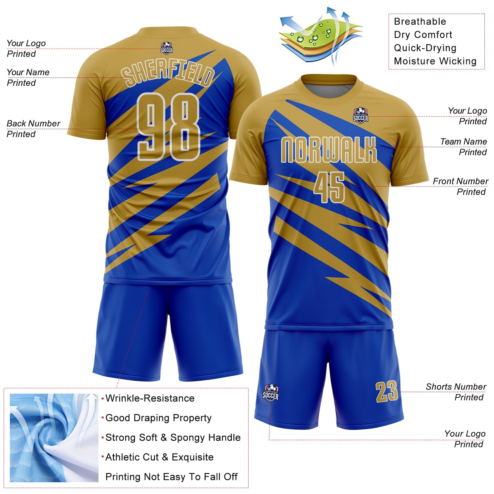 Custom Old Gold Thunder Blue-White Abstract Line Sports Sublimation Soccer Uniform Jersey