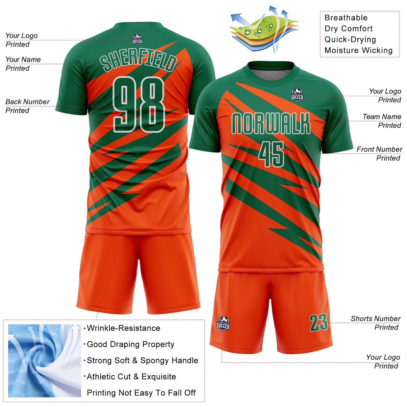 Custom Kelly Green Orange-White Abstract Line Sports Sublimation Soccer Uniform Jersey