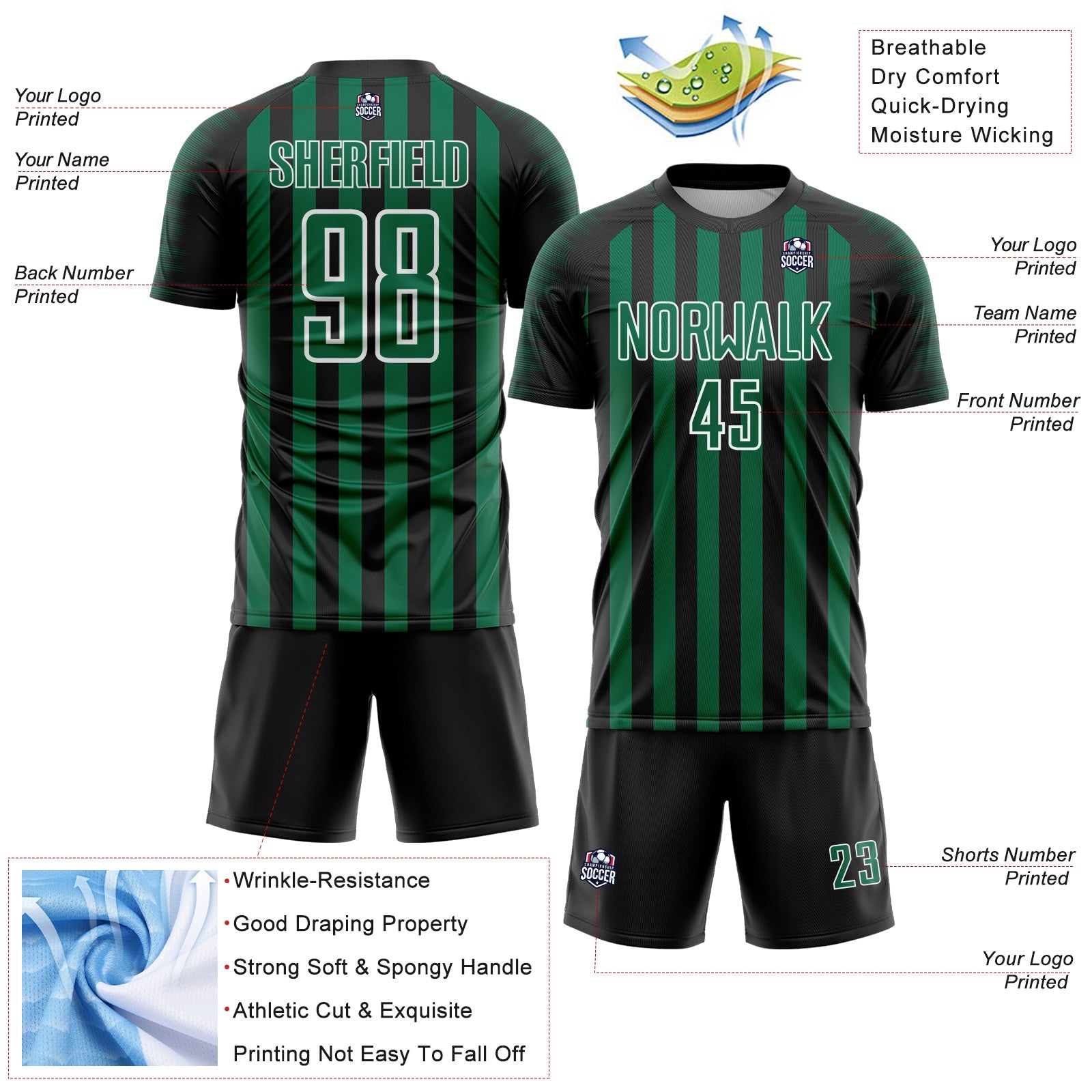 Custom Black Kelly Green-White Stripe Sports Sublimation Soccer Uniform Jersey