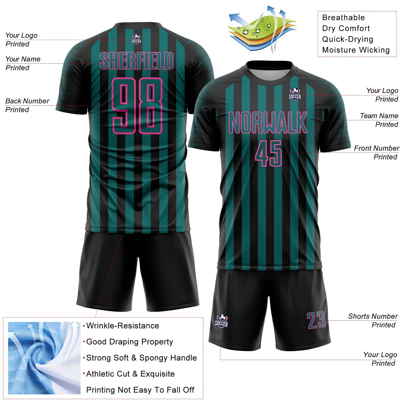 Custom Black Teal-Pink Stripe Sports Sublimation Soccer Uniform Jersey