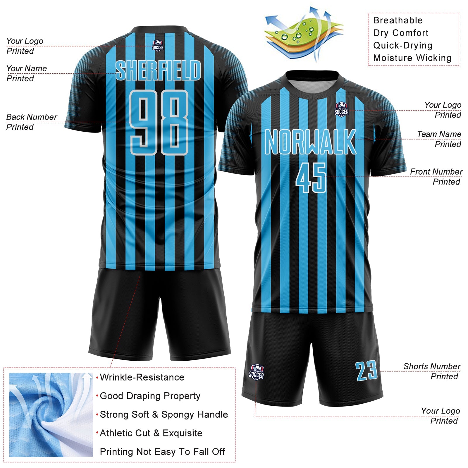 Custom Black Sky Blue-White Stripe Sports Sublimation Soccer Uniform Jersey