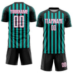 Custom Black White Aqua-Pink Stripe Sports Sublimation Soccer Uniform Jersey
