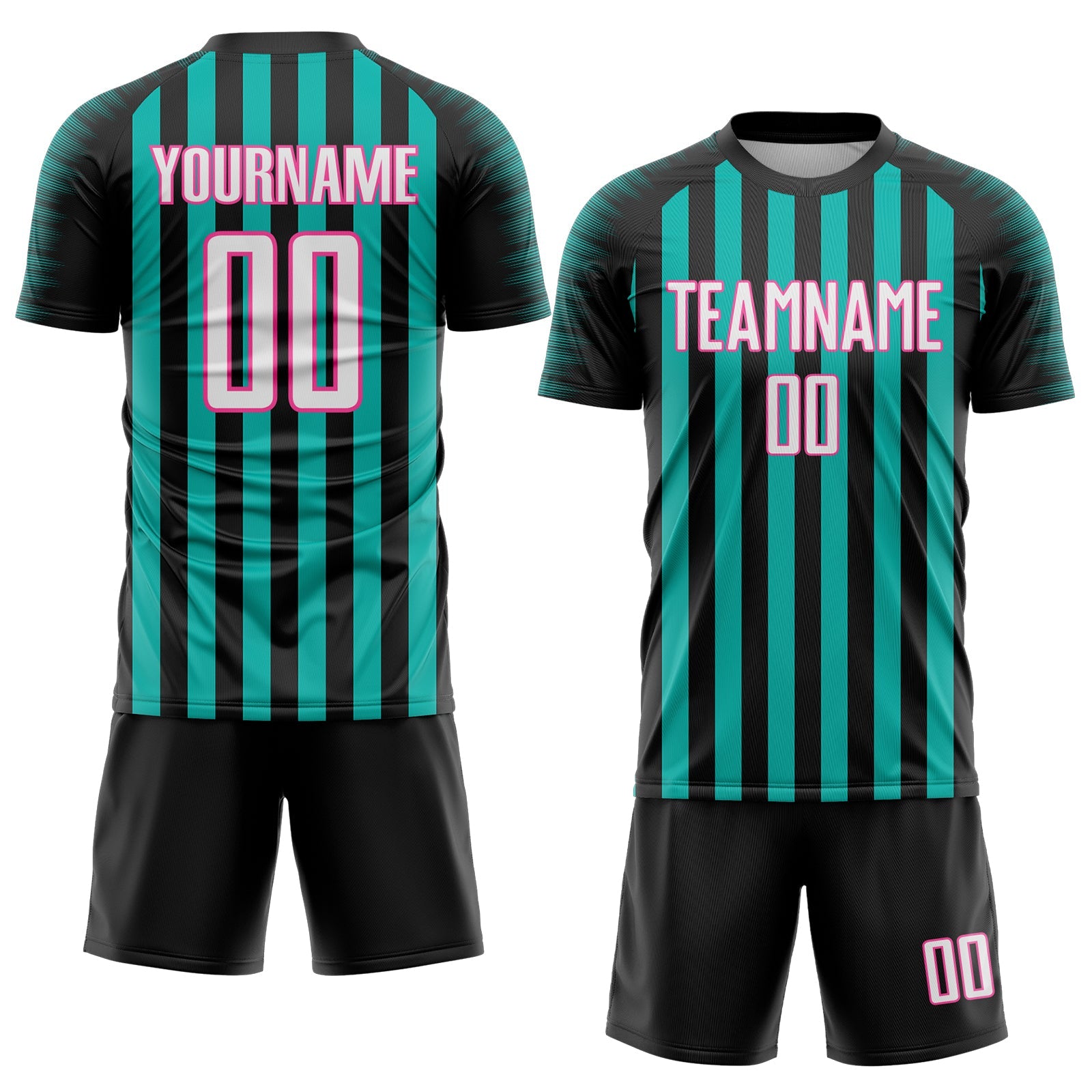 Custom Black White Aqua-Pink Stripe Sports Sublimation Soccer Uniform Jersey