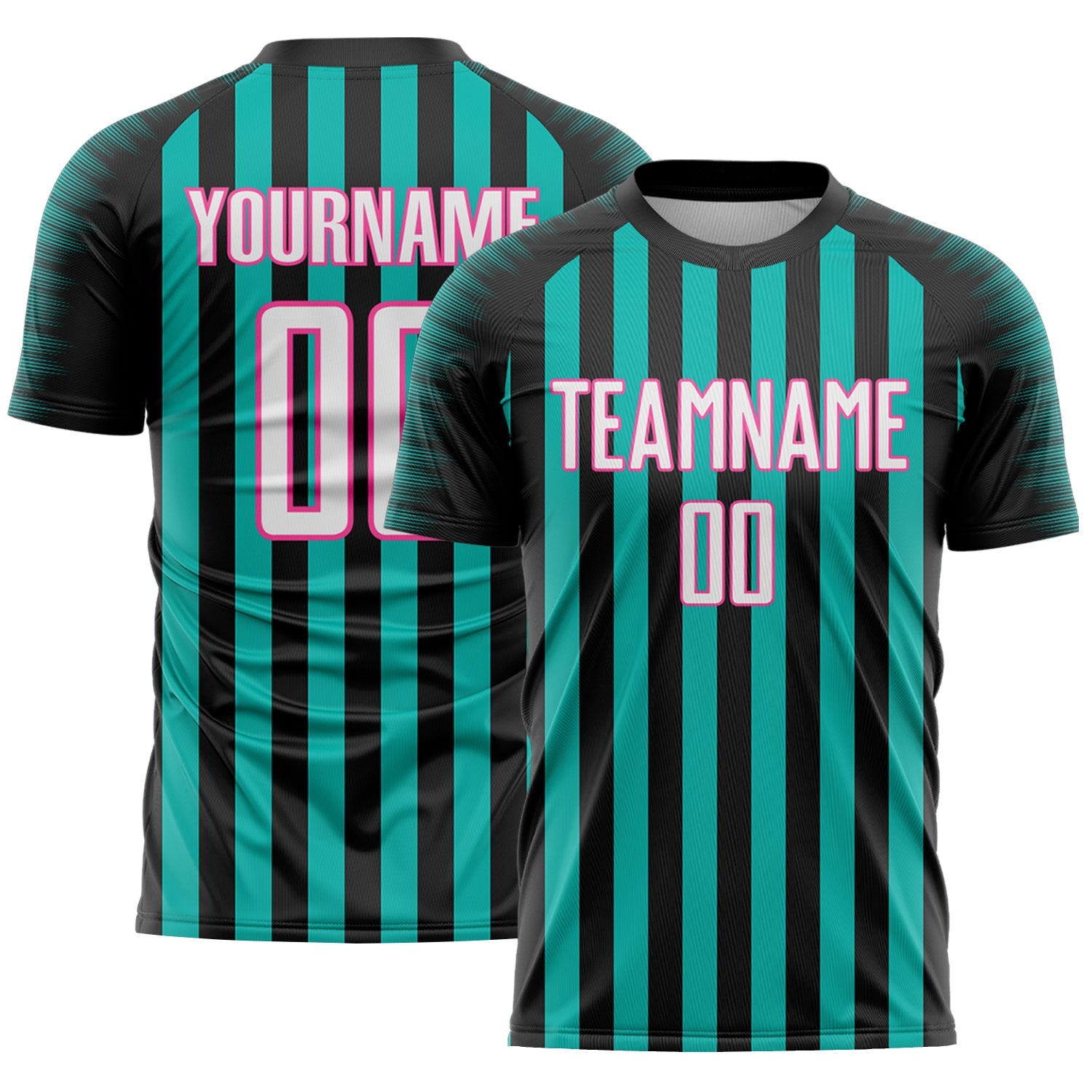 Custom Black White Aqua-Pink Stripe Sports Sublimation Soccer Uniform Jersey