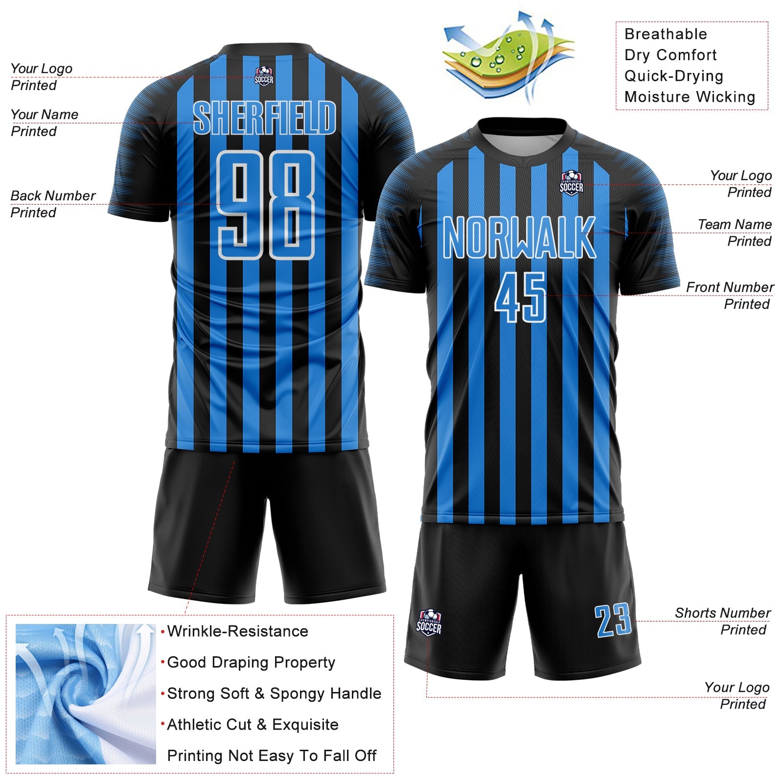Custom Black Powder Blue-White Stripe Sports Sublimation Soccer Uniform Jersey
