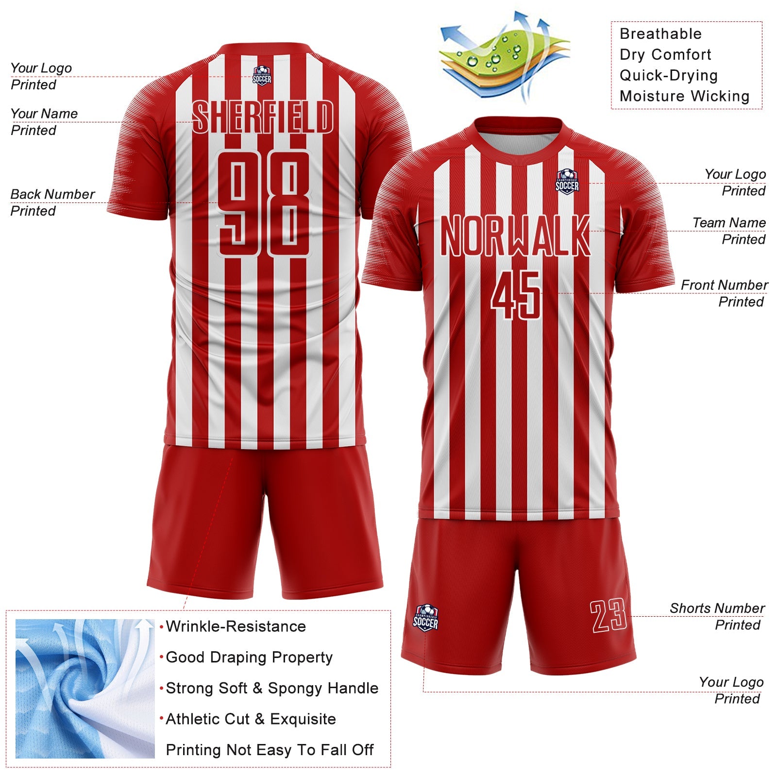 Custom Red White Stripe Sports Sublimation Soccer Uniform Jersey