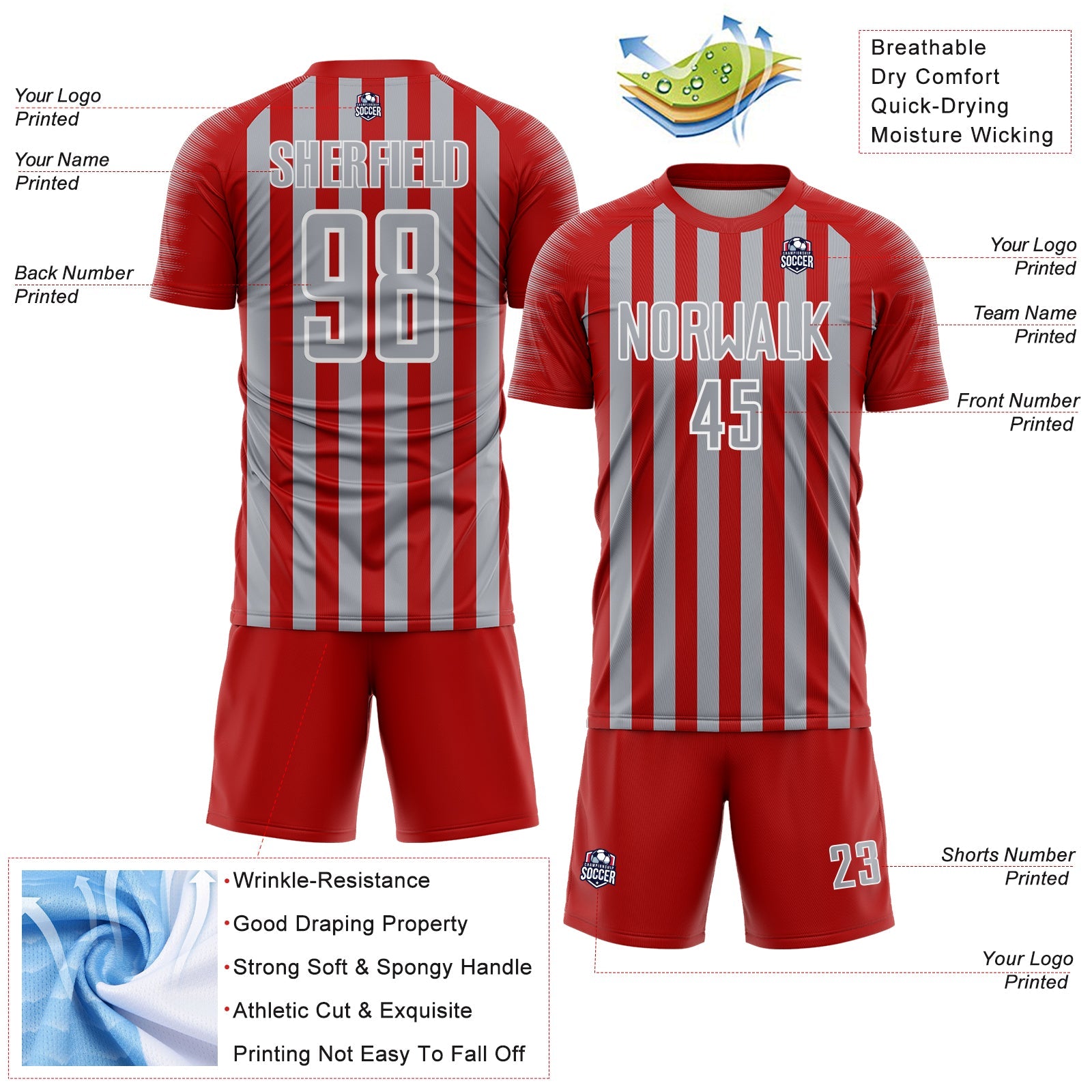 Custom Red Gray-White Stripe Sports Sublimation Soccer Uniform Jersey