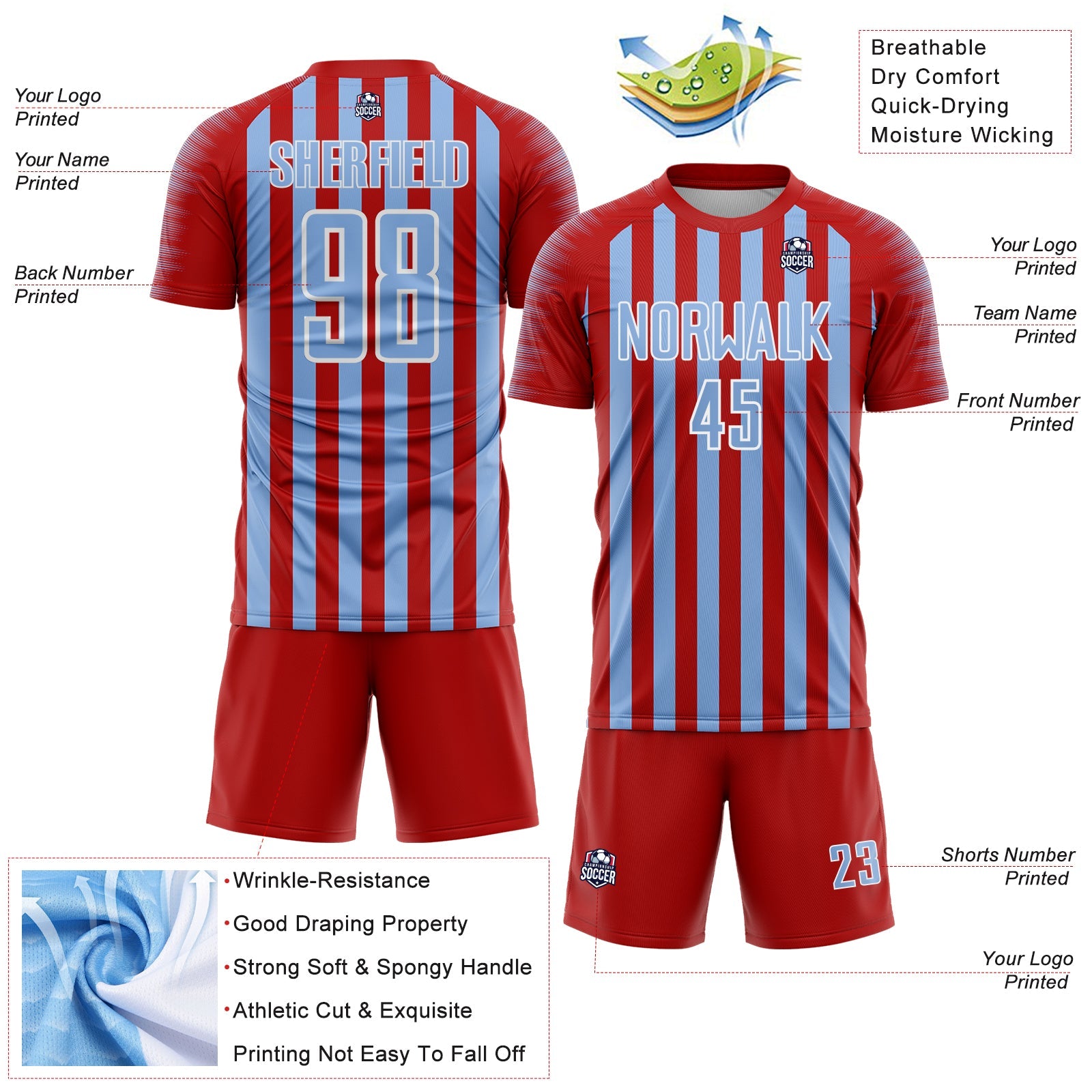 Custom Red Light Blue-White Stripe Sports Sublimation Soccer Uniform Jersey