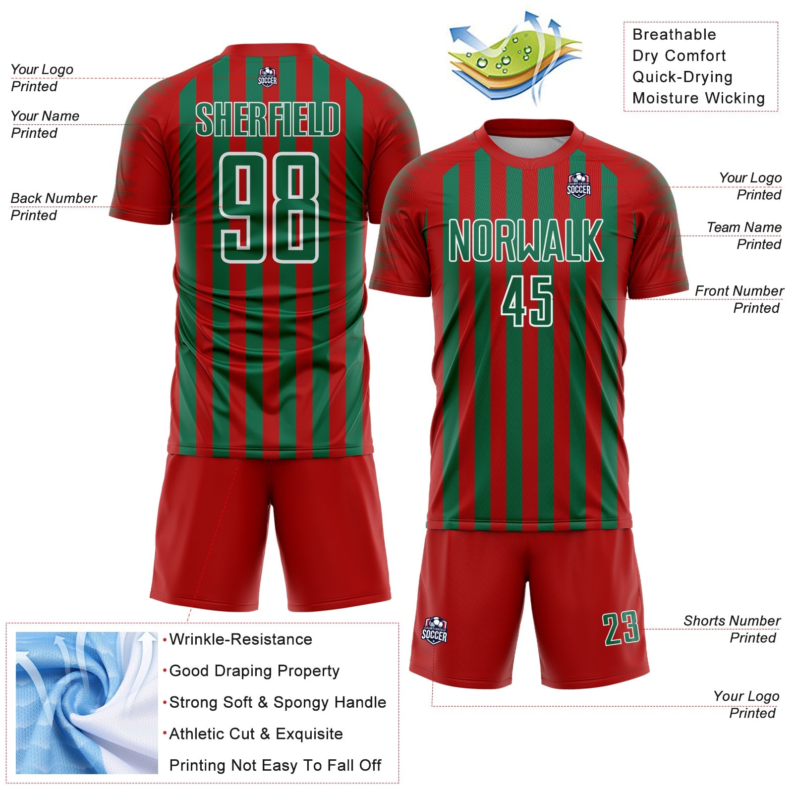 Custom Red Kelly Green-White Stripe Sports Sublimation Soccer Uniform Jersey