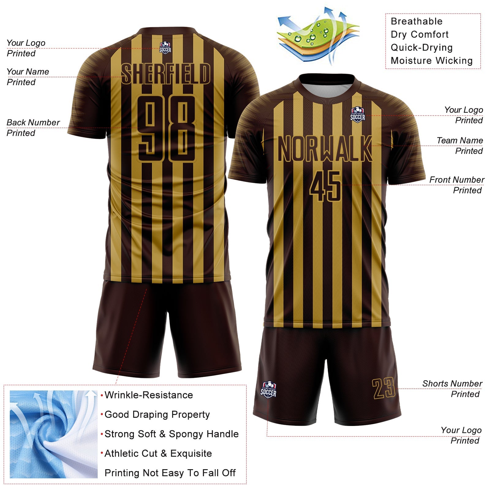 Custom Brown Old Gold Stripe Sports Sublimation Soccer Uniform Jersey