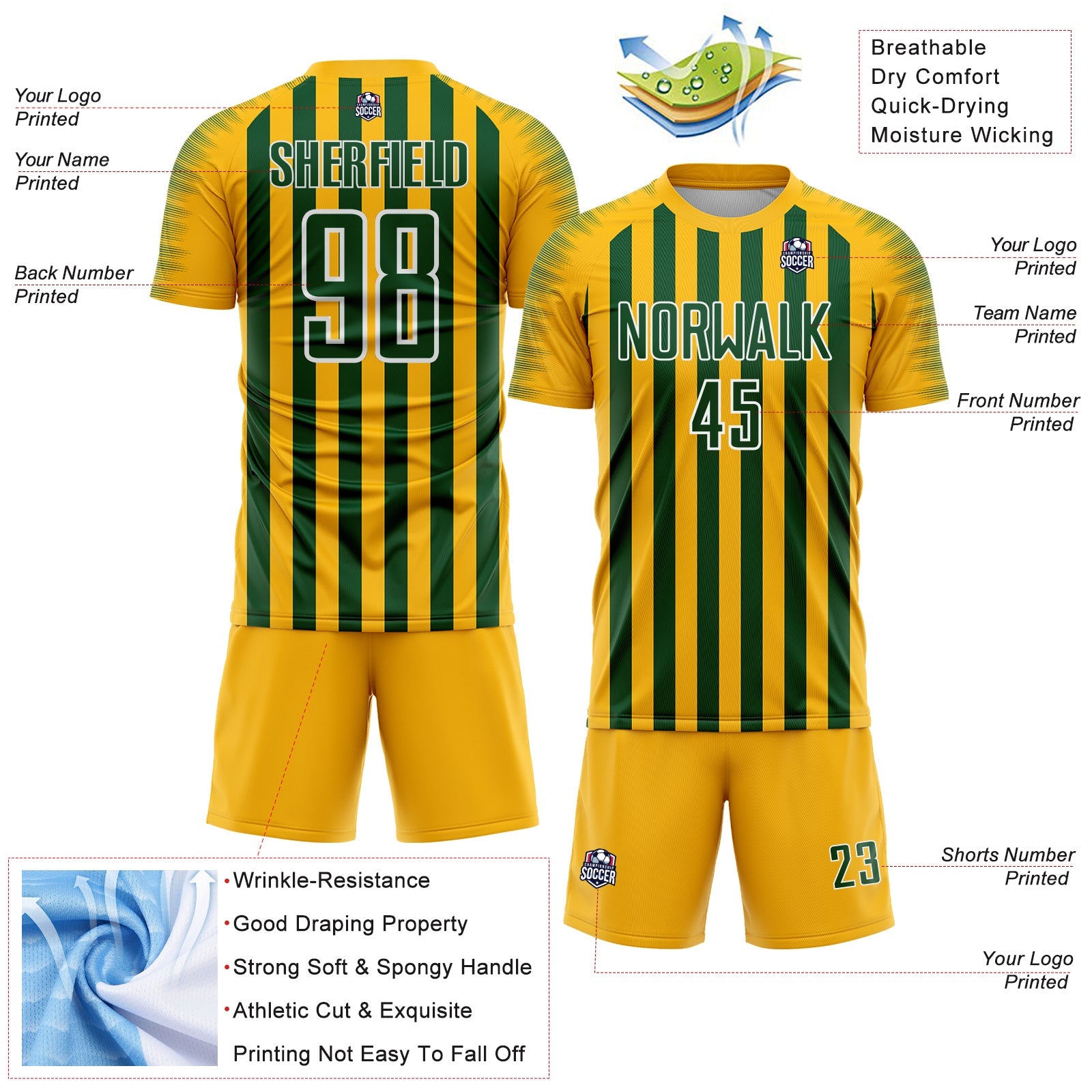 Custom Gold Green-White Stripe Sports Sublimation Soccer Uniform Jersey