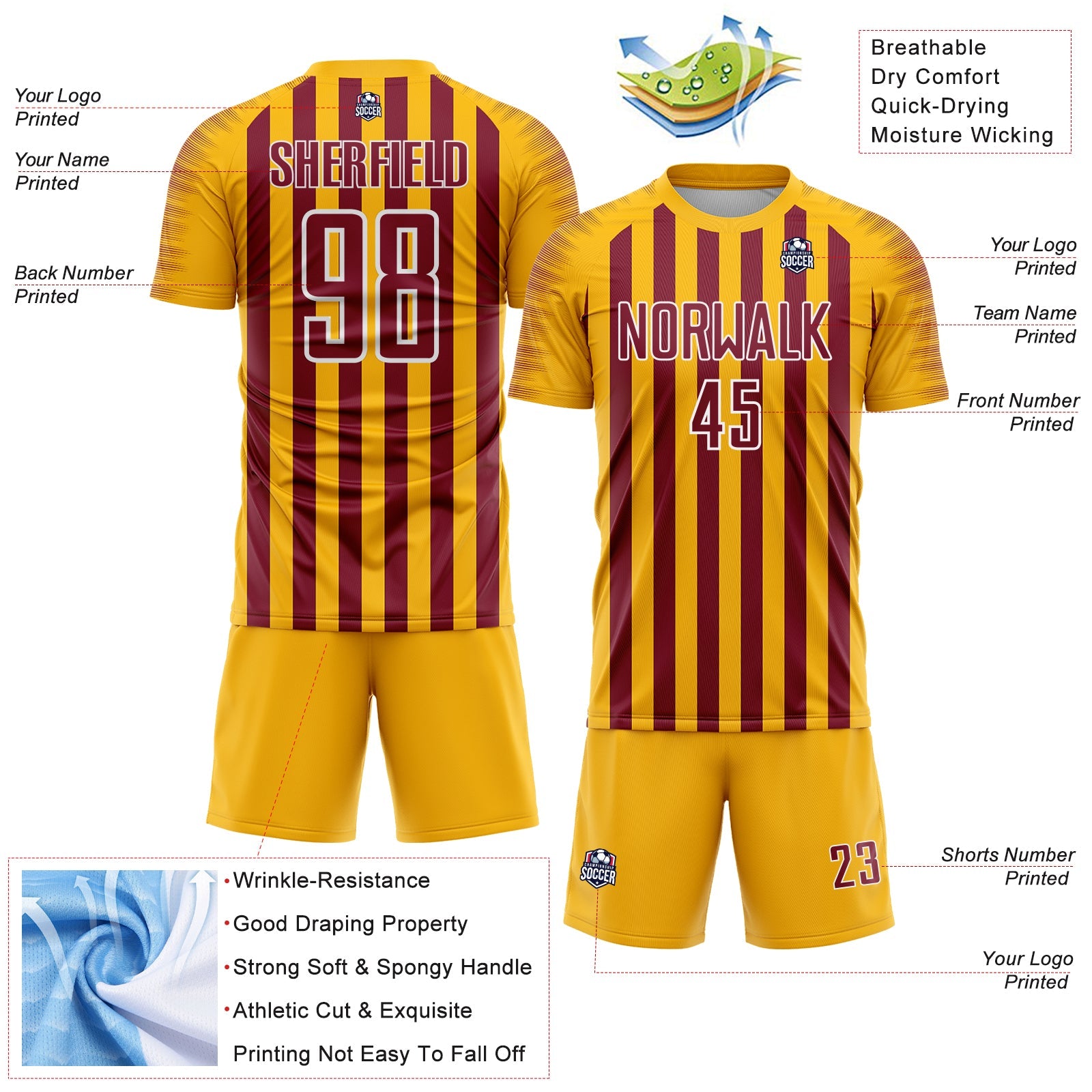 Custom Gold Crimson-White Stripe Sports Sublimation Soccer Uniform Jersey