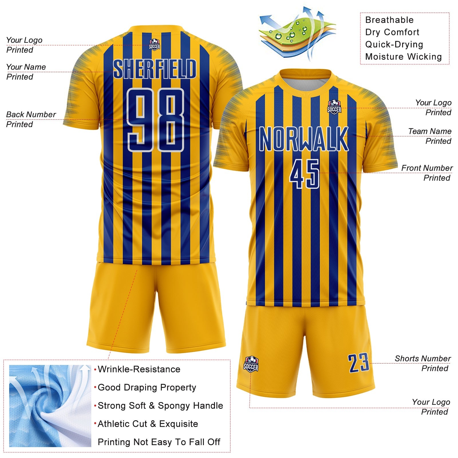 Custom Gold Royal-White Stripe Sports Sublimation Soccer Uniform Jersey