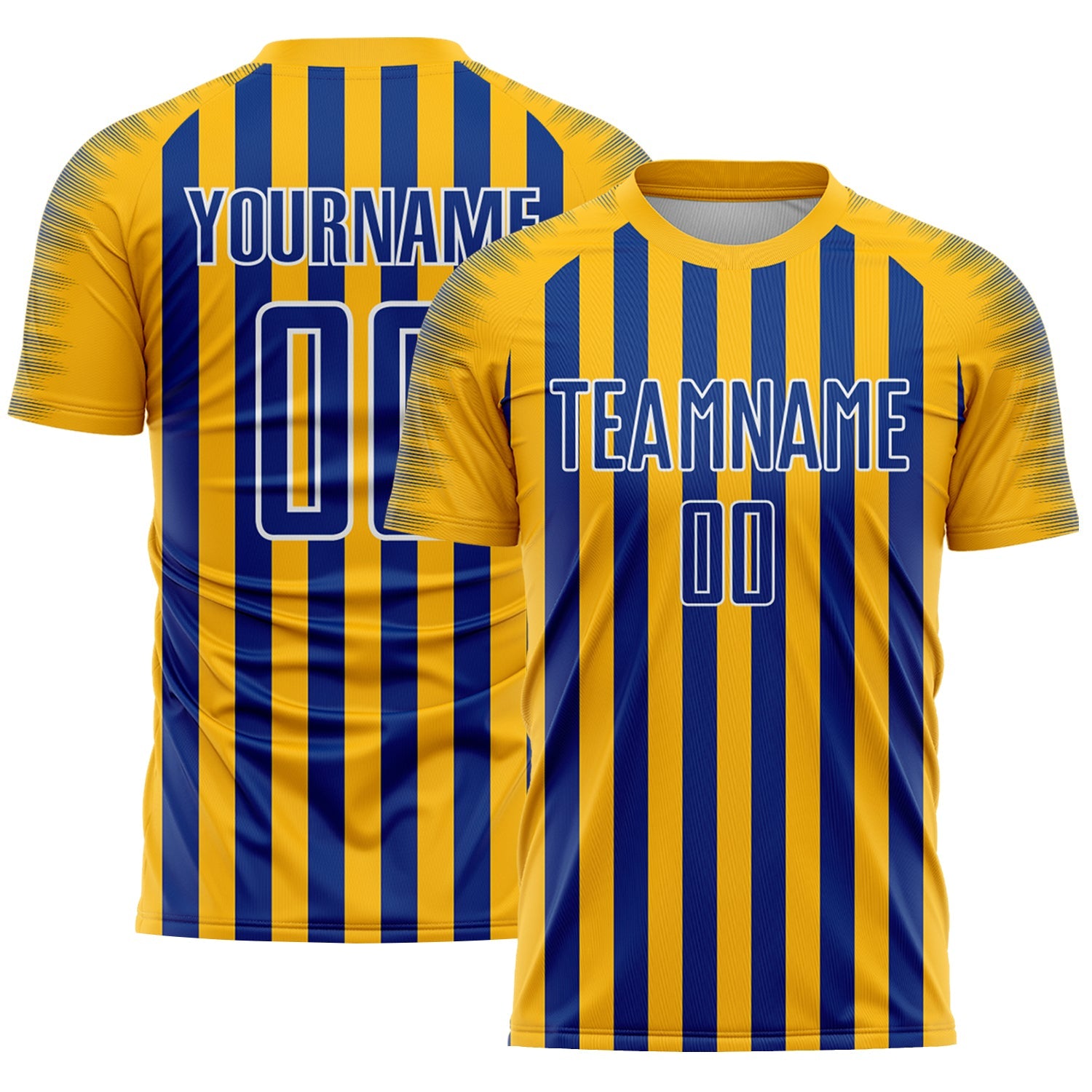 Custom Gold Royal-White Stripe Sports Sublimation Soccer Uniform Jersey