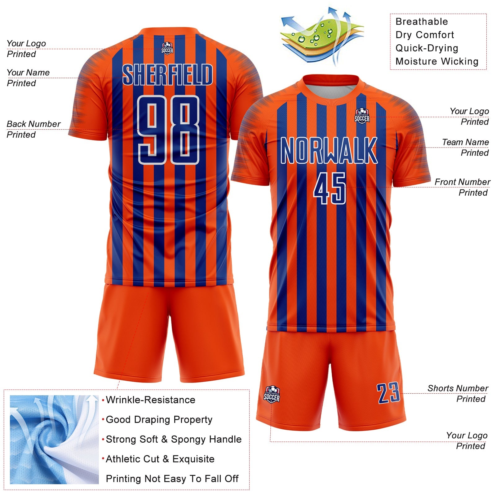 Custom Orange Royal-White Stripe Sports Sublimation Soccer Uniform Jersey