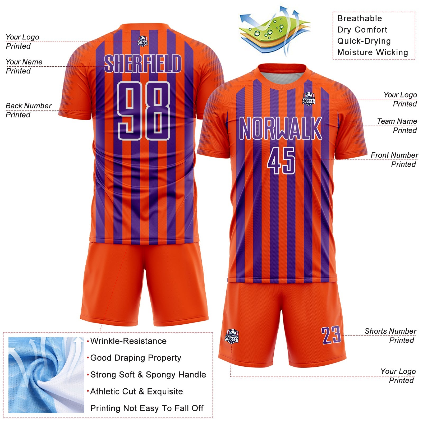Custom Orange Purple-White Stripe Sports Sublimation Soccer Uniform Jersey