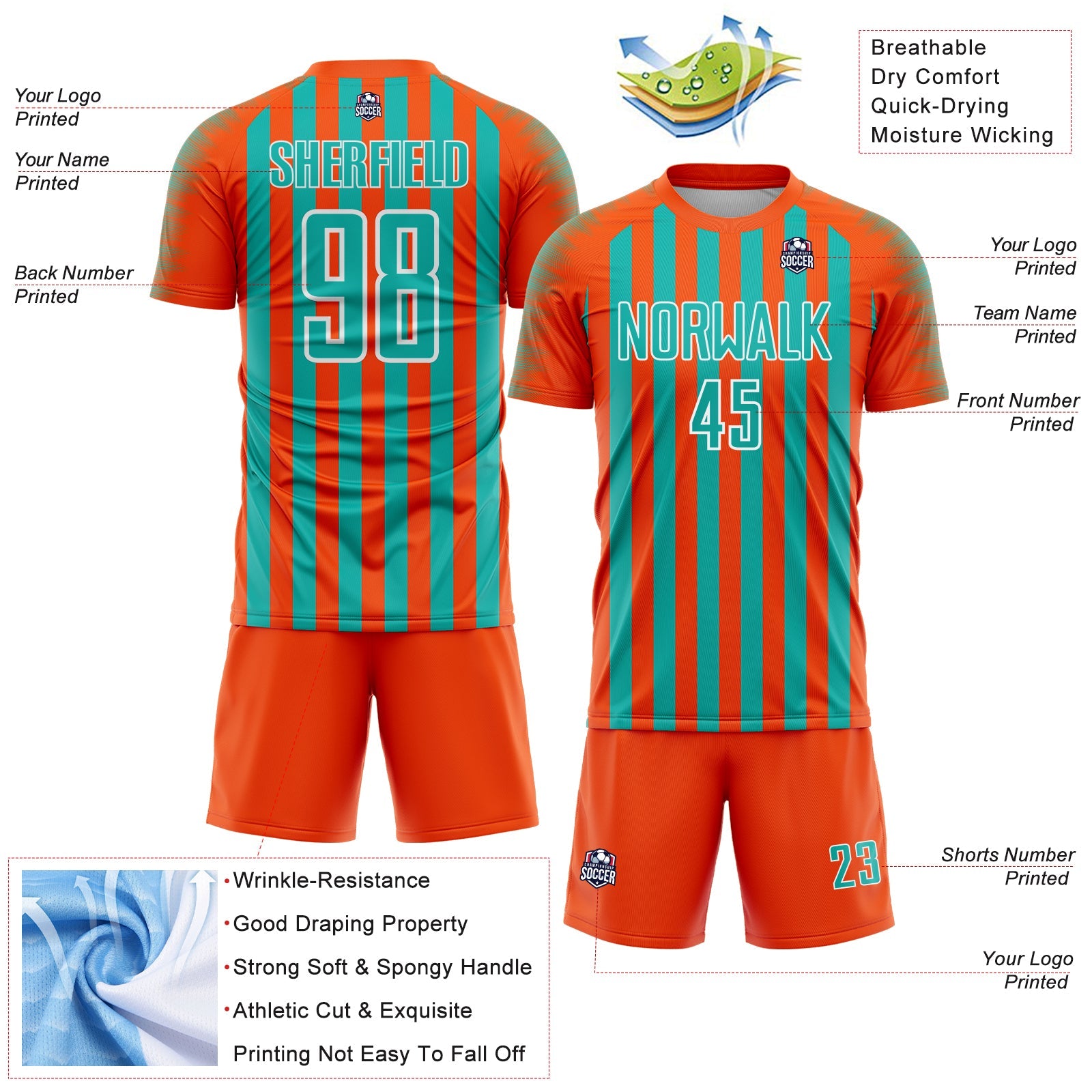 Custom Orange Aqua-White Stripe Sports Sublimation Soccer Uniform Jersey