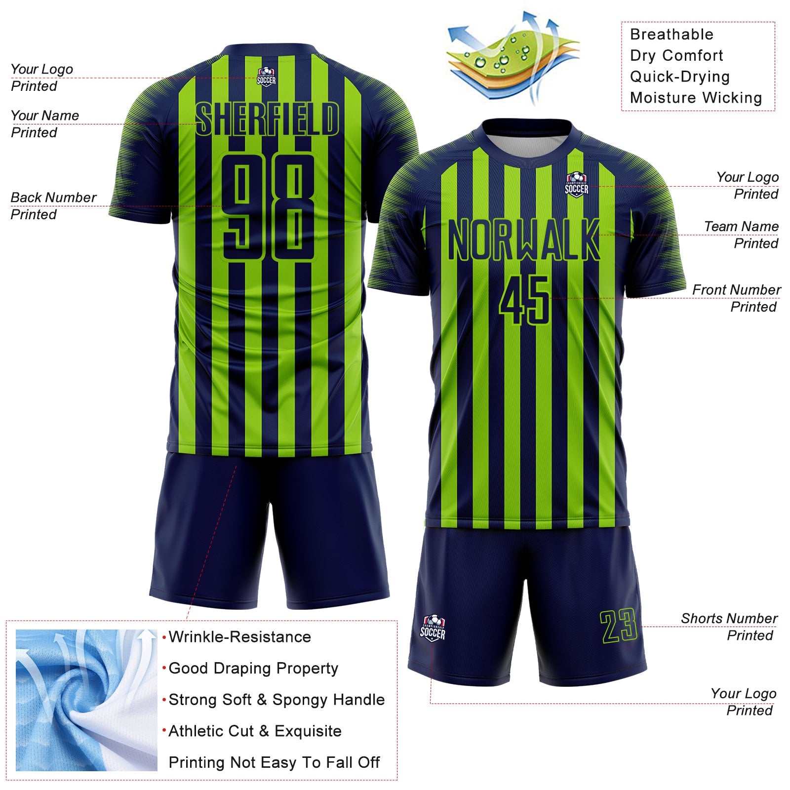 Custom Navy Neon Green Stripe Sports Sublimation Soccer Uniform Jersey