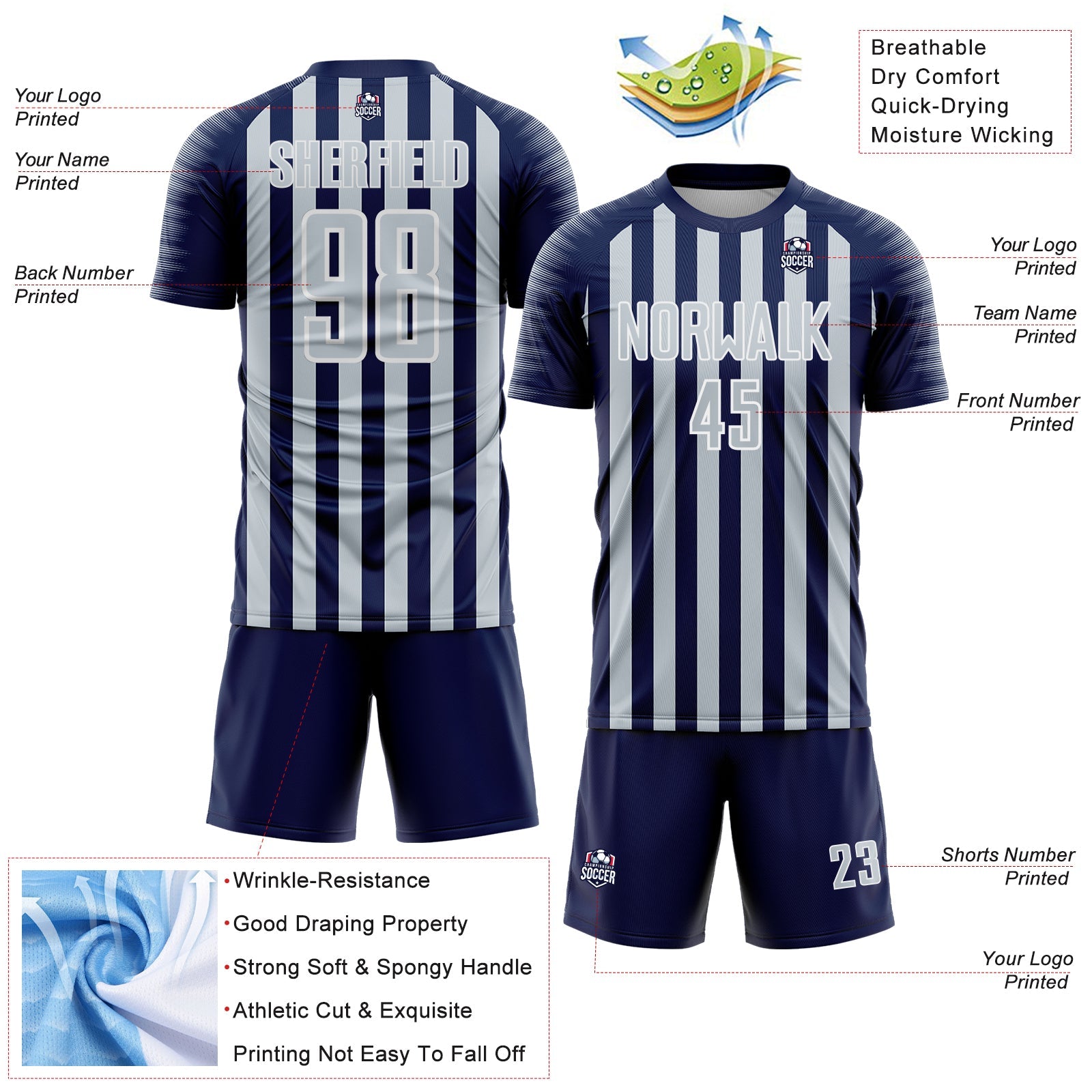 Custom Navy Silver-White Stripe Sports Sublimation Soccer Uniform Jersey