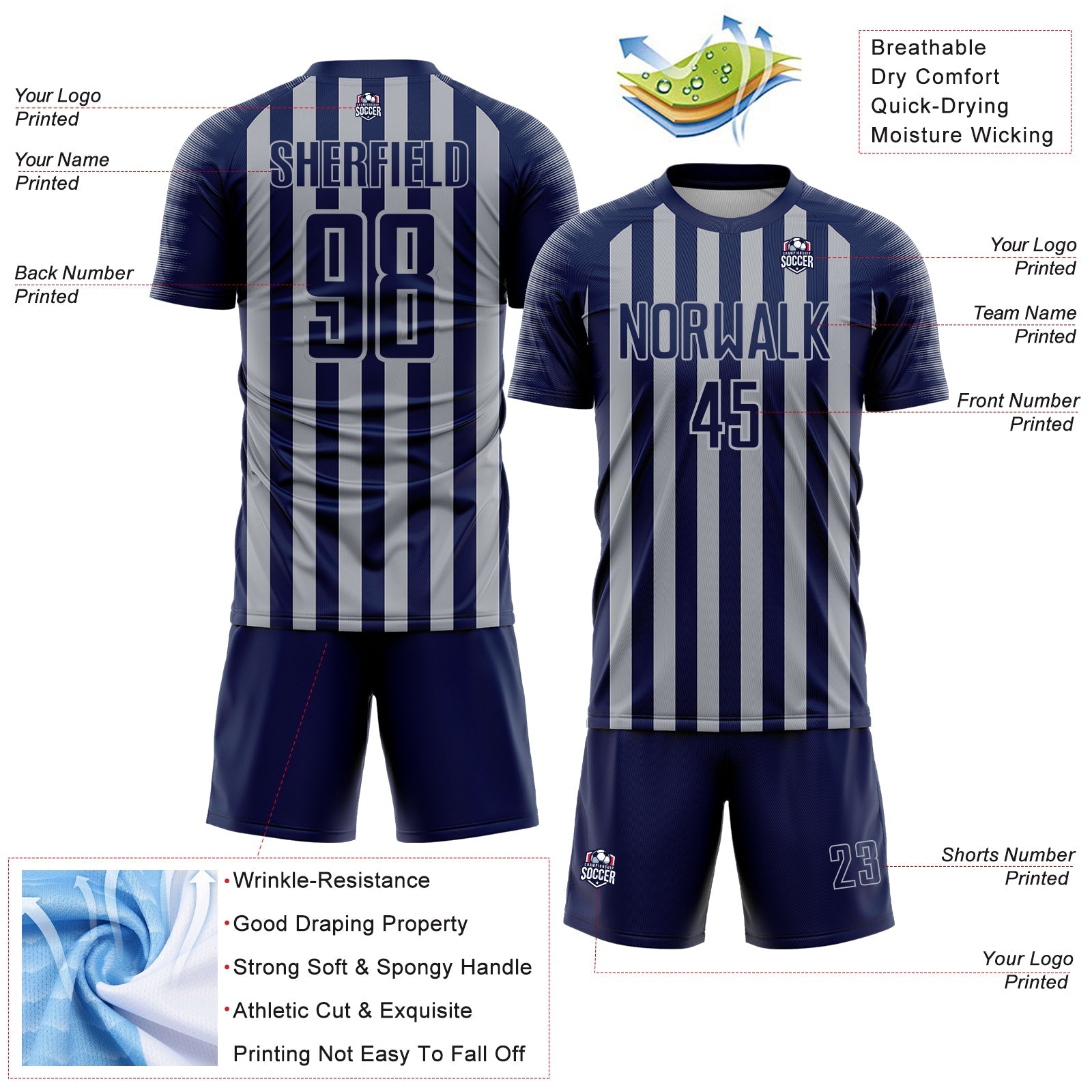 Custom Navy Gray Stripe Sports Sublimation Soccer Uniform Jersey
