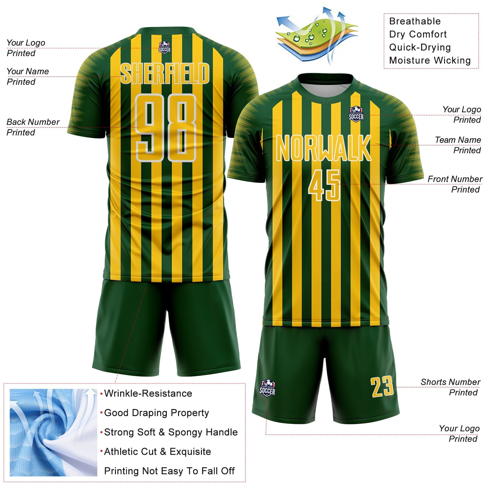 Custom Green Yellow-White Stripe Sports Sublimation Soccer Uniform Jersey