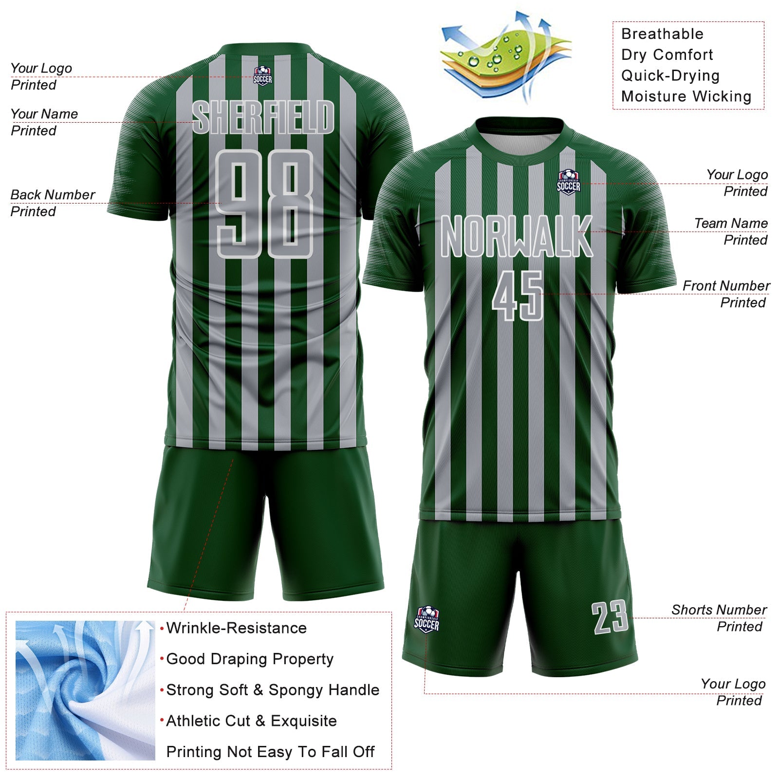 Custom Green Gray-White Stripe Sports Sublimation Soccer Uniform Jersey