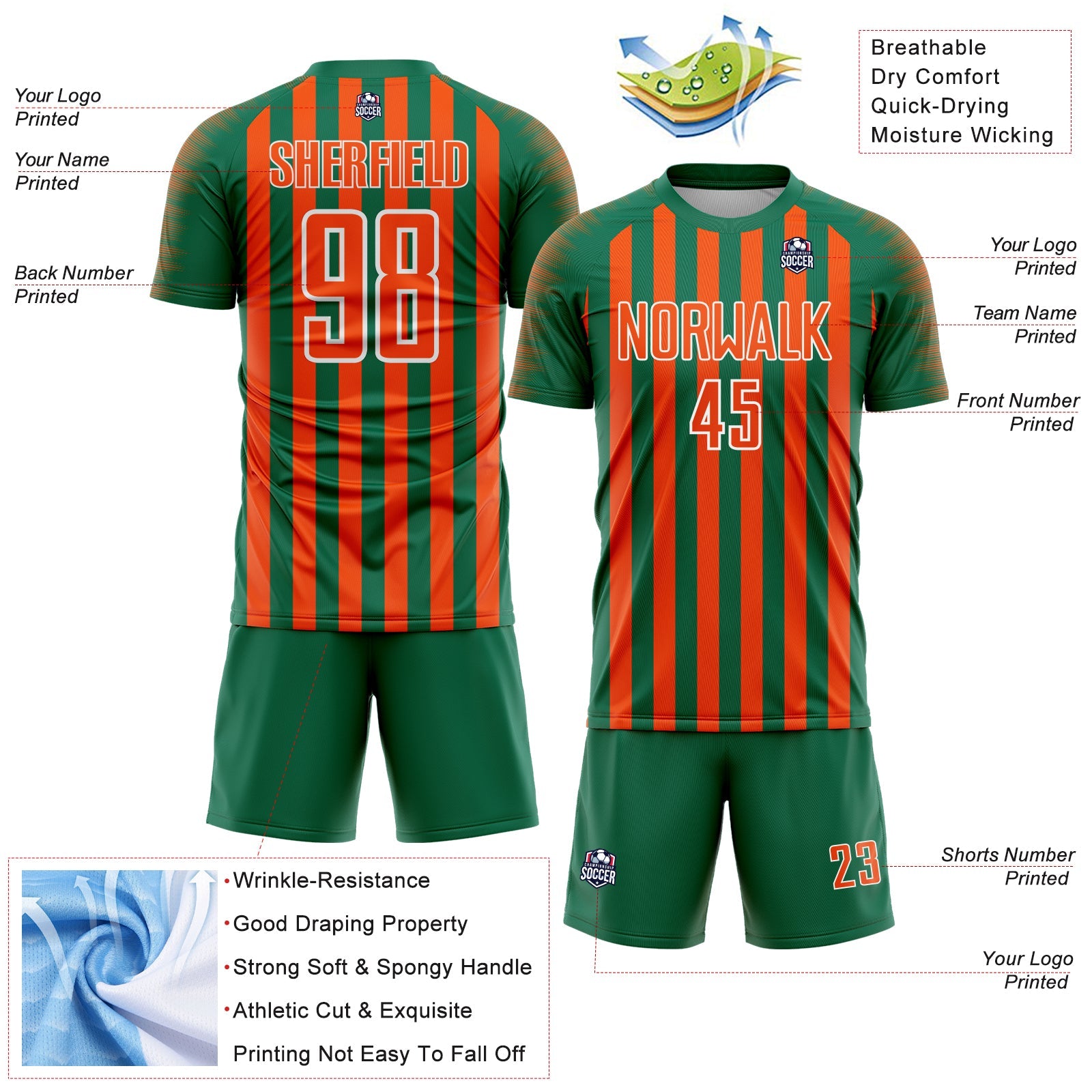Custom Kelly Green Orange-White Stripe Sports Sublimation Soccer Uniform Jersey