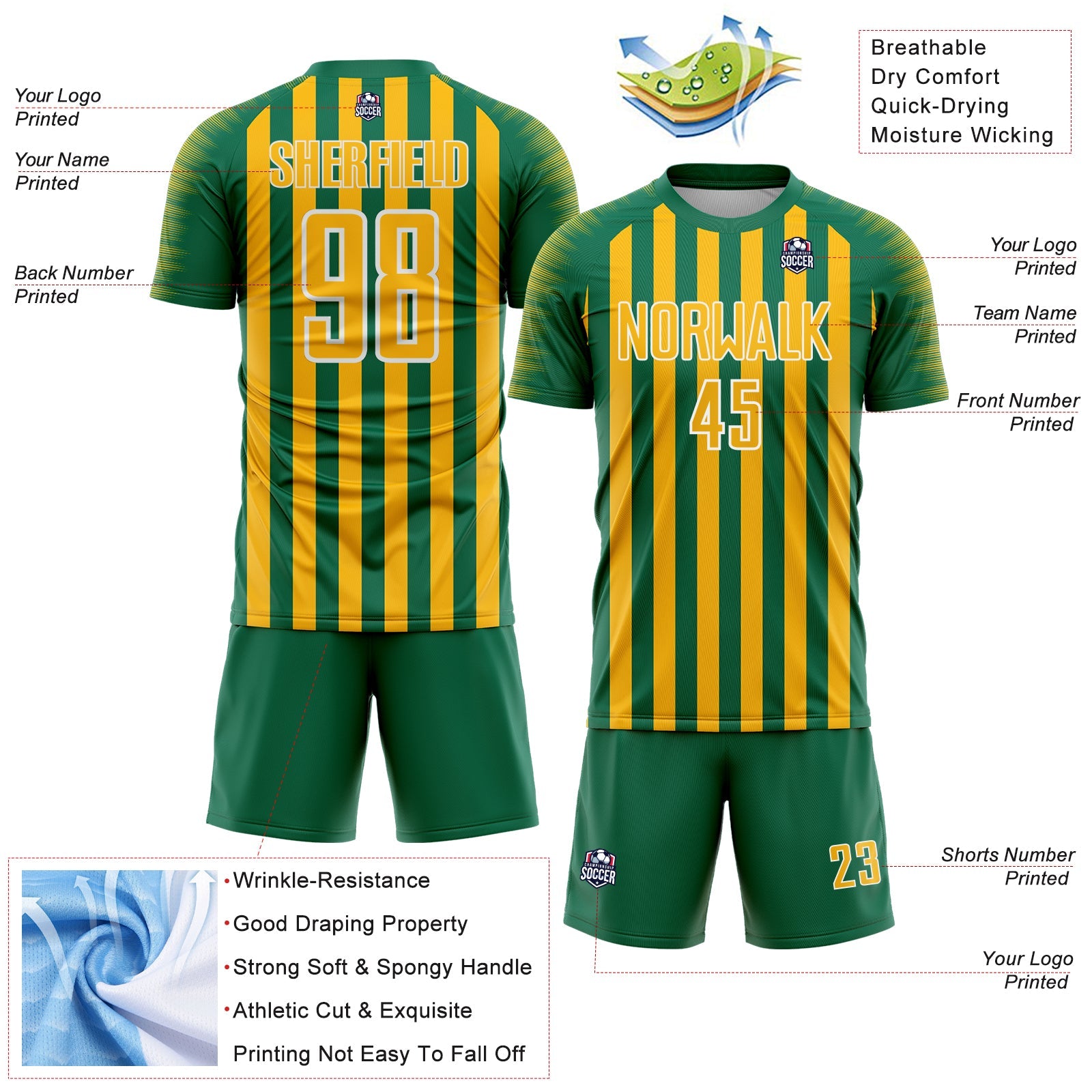 Custom Kelly Green Gold-White Stripe Sports Sublimation Soccer Uniform Jersey