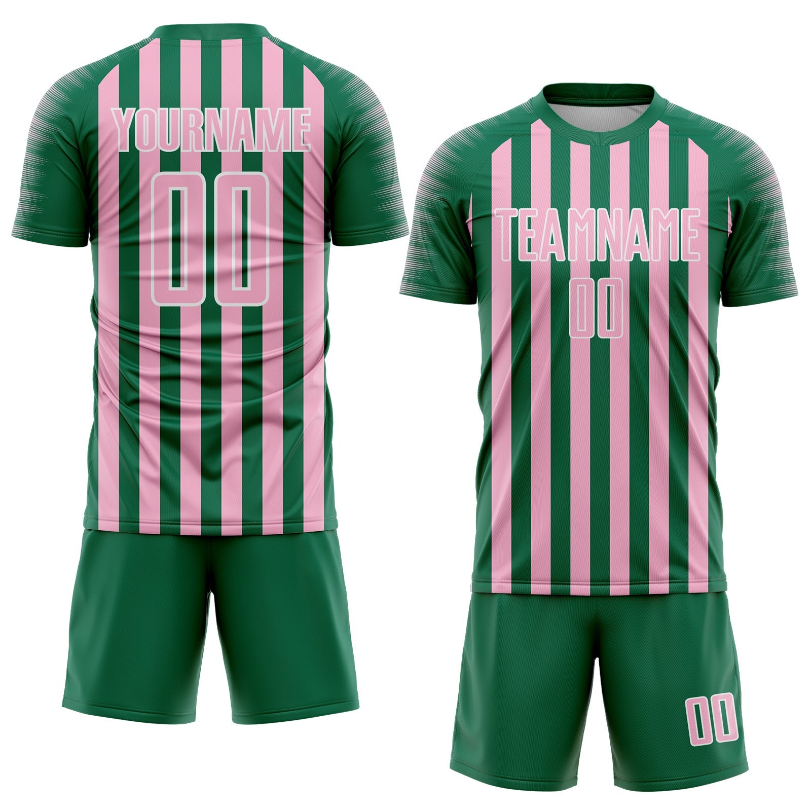 Custom Kelly Green Light Pink-White Stripe Sports Sublimation Soccer Uniform Jersey