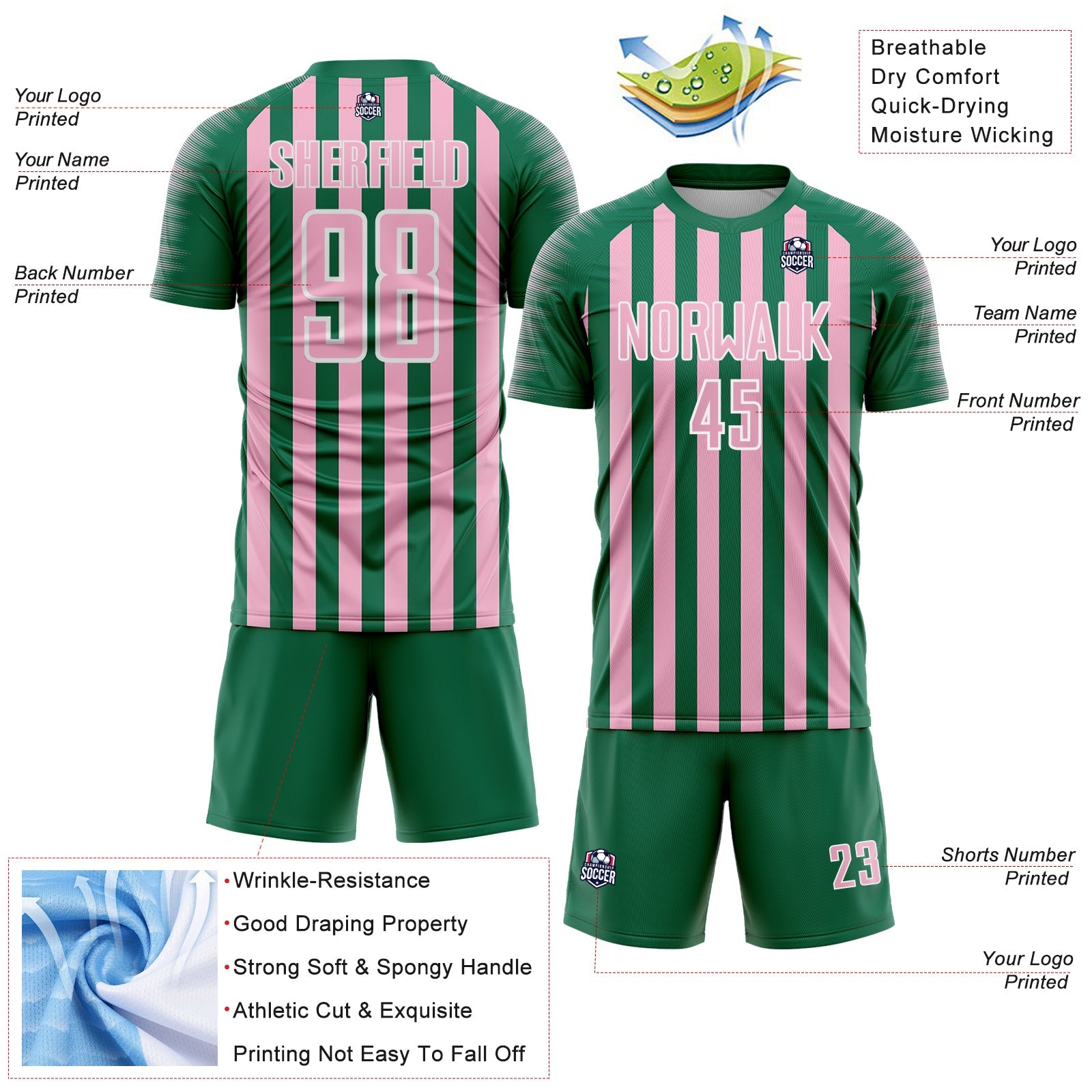 Custom Kelly Green Light Pink-White Stripe Sports Sublimation Soccer Uniform Jersey