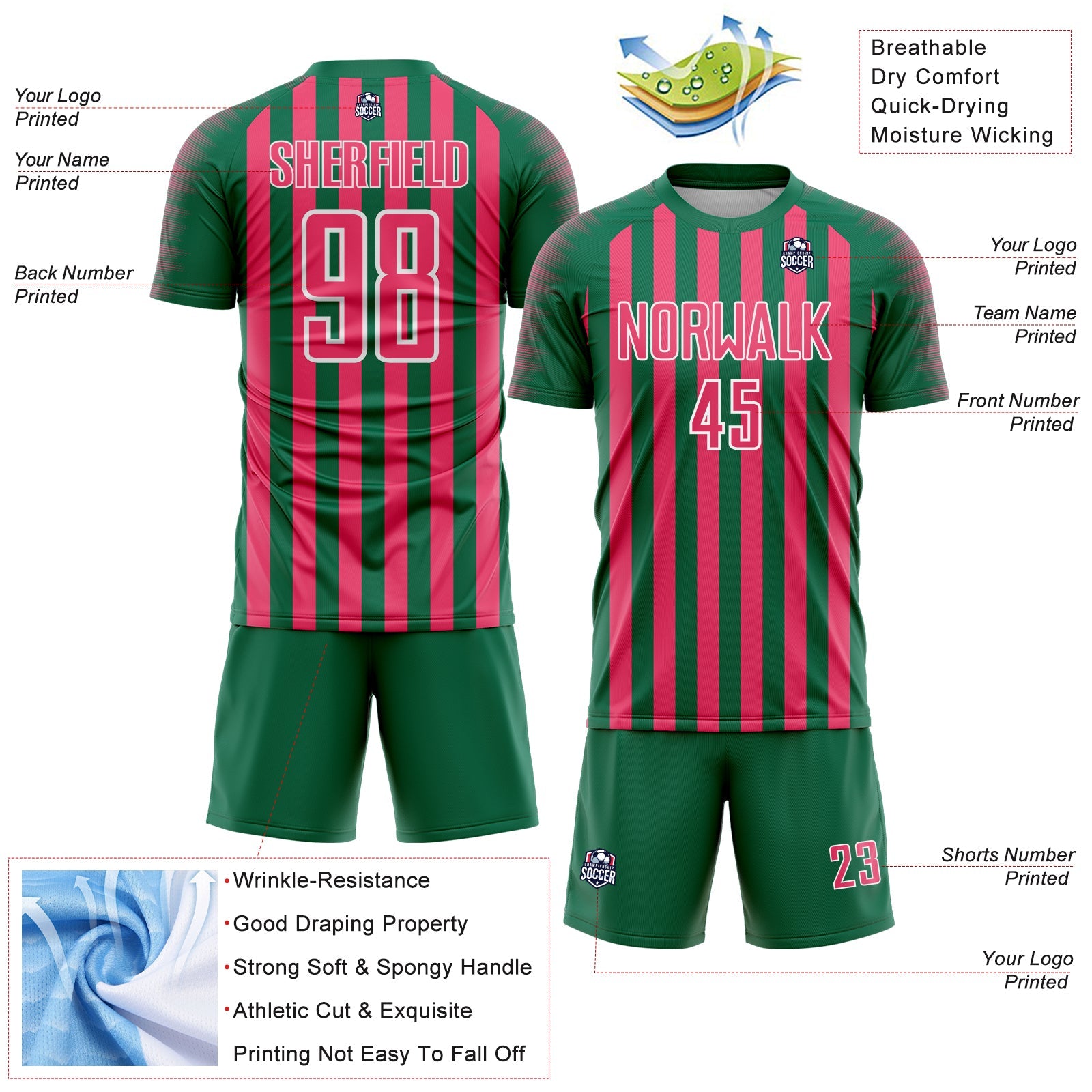 Custom Kelly Green Neon Pink-White Stripe Sports Sublimation Soccer Uniform Jersey