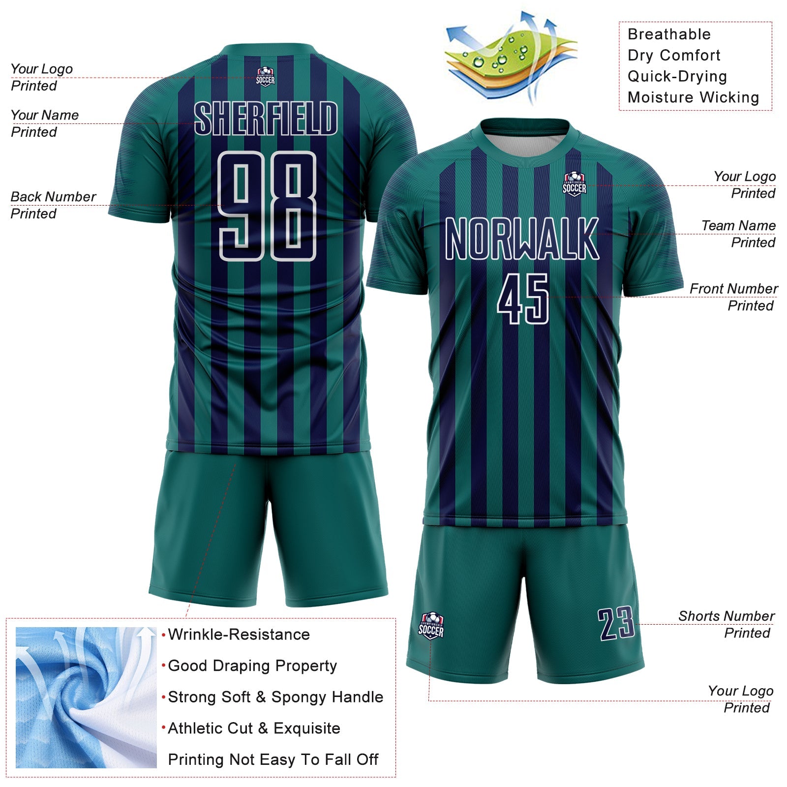Custom Teal Navy-White Stripe Sports Sublimation Soccer Uniform Jersey