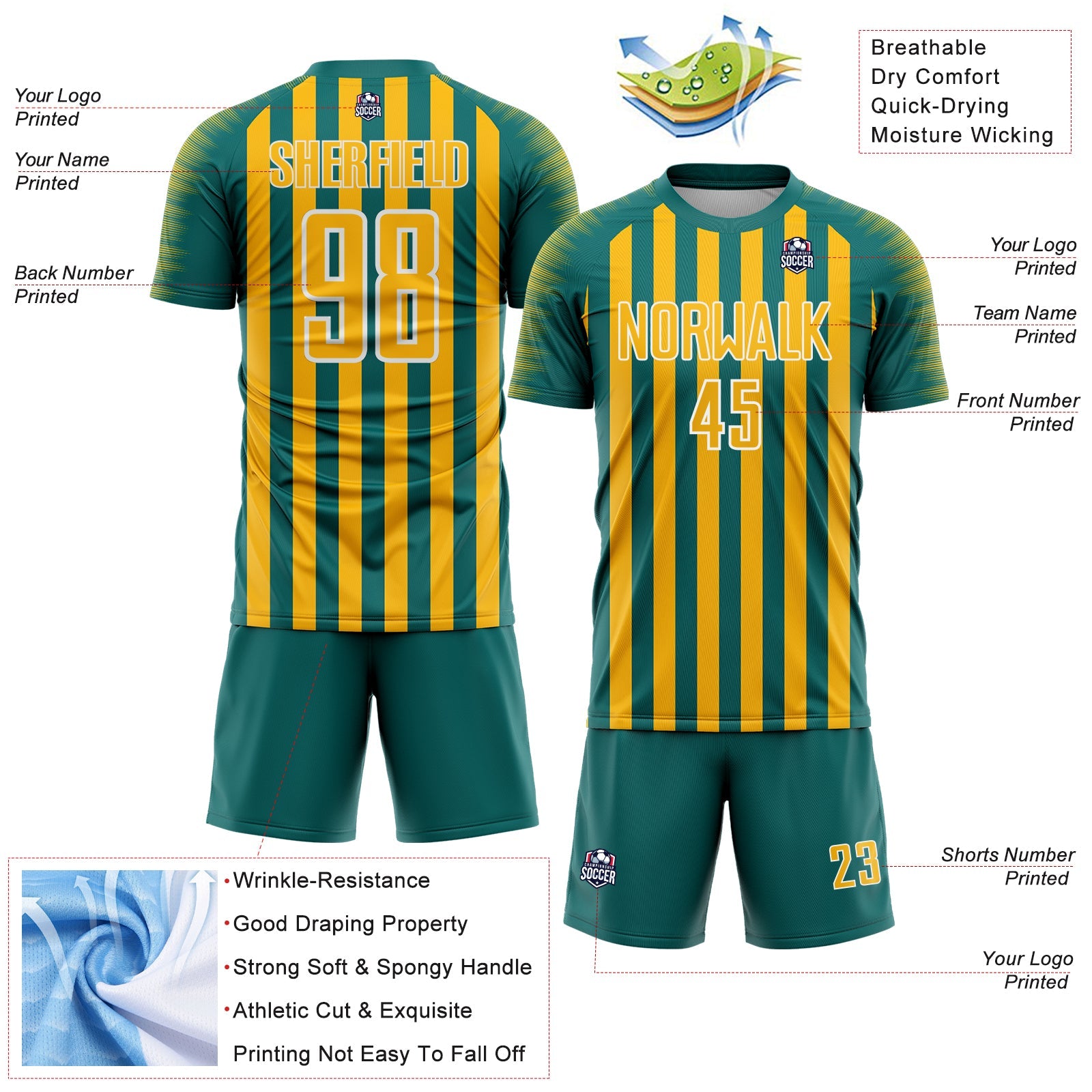 Custom Teal Gold-White Stripe Sports Sublimation Soccer Uniform Jersey