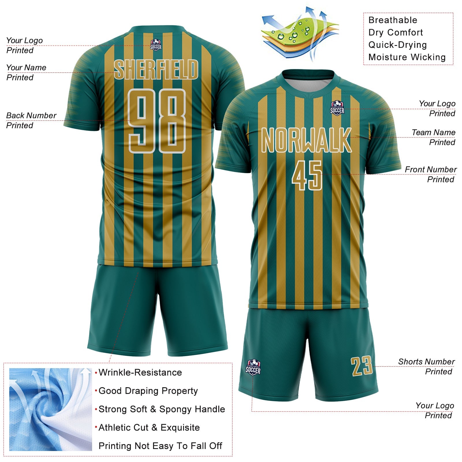 Custom Teal Old Gold-White Stripe Sports Sublimation Soccer Uniform Jersey