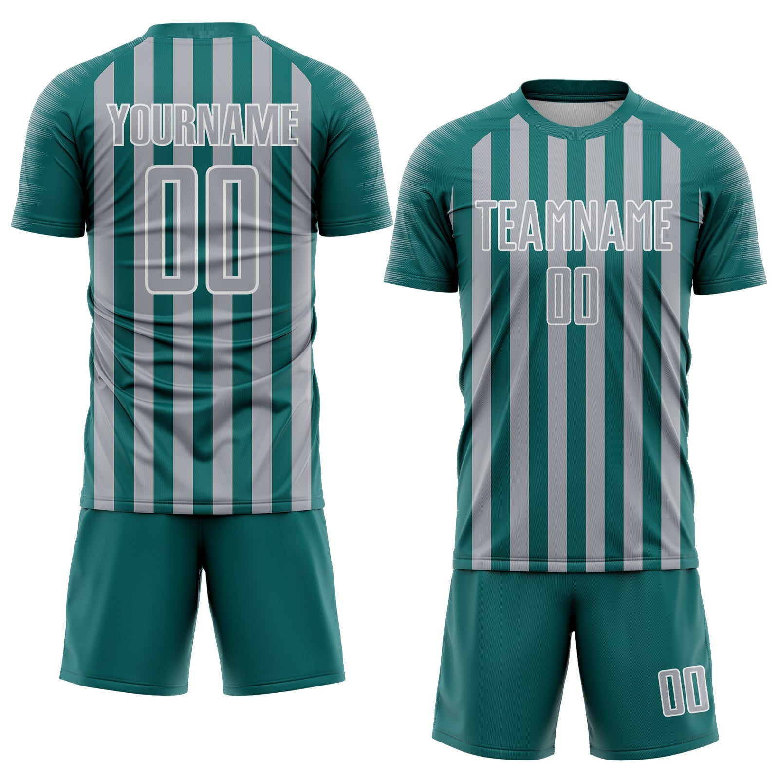 Custom Teal Gray-White Stripe Sports Sublimation Soccer Uniform Jersey