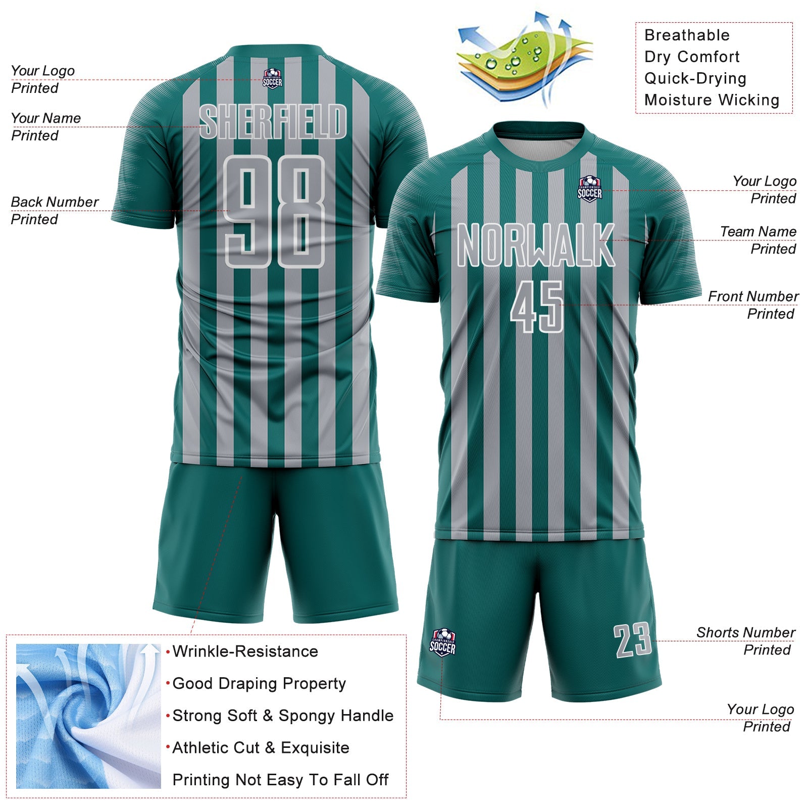 Custom Teal Gray-White Stripe Sports Sublimation Soccer Uniform Jersey