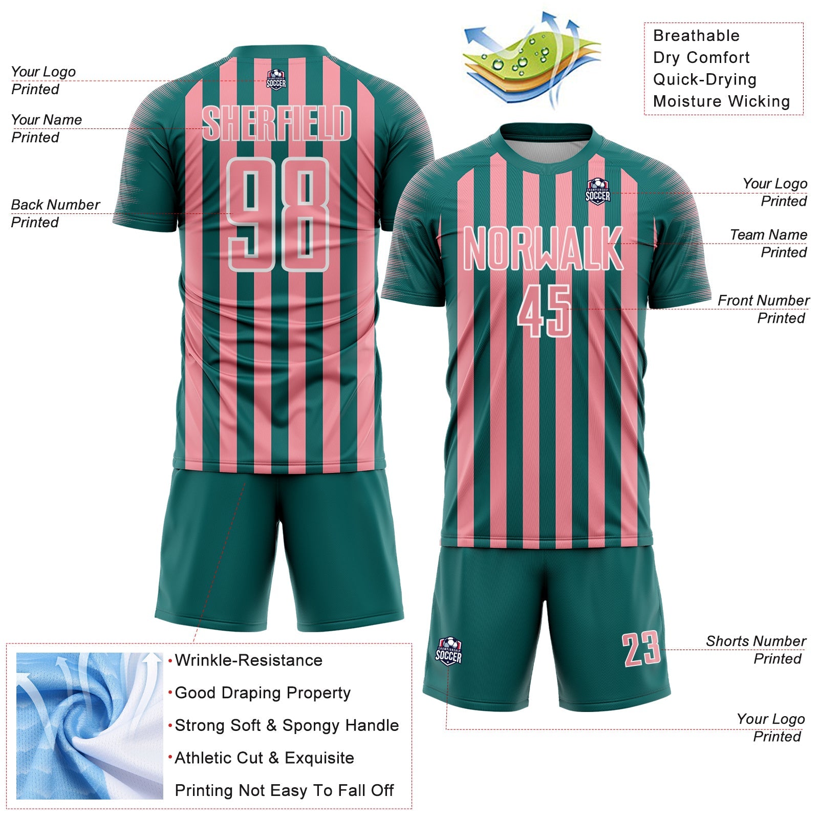 Custom Teal Medium Pink-White Stripe Sports Sublimation Soccer Uniform Jersey