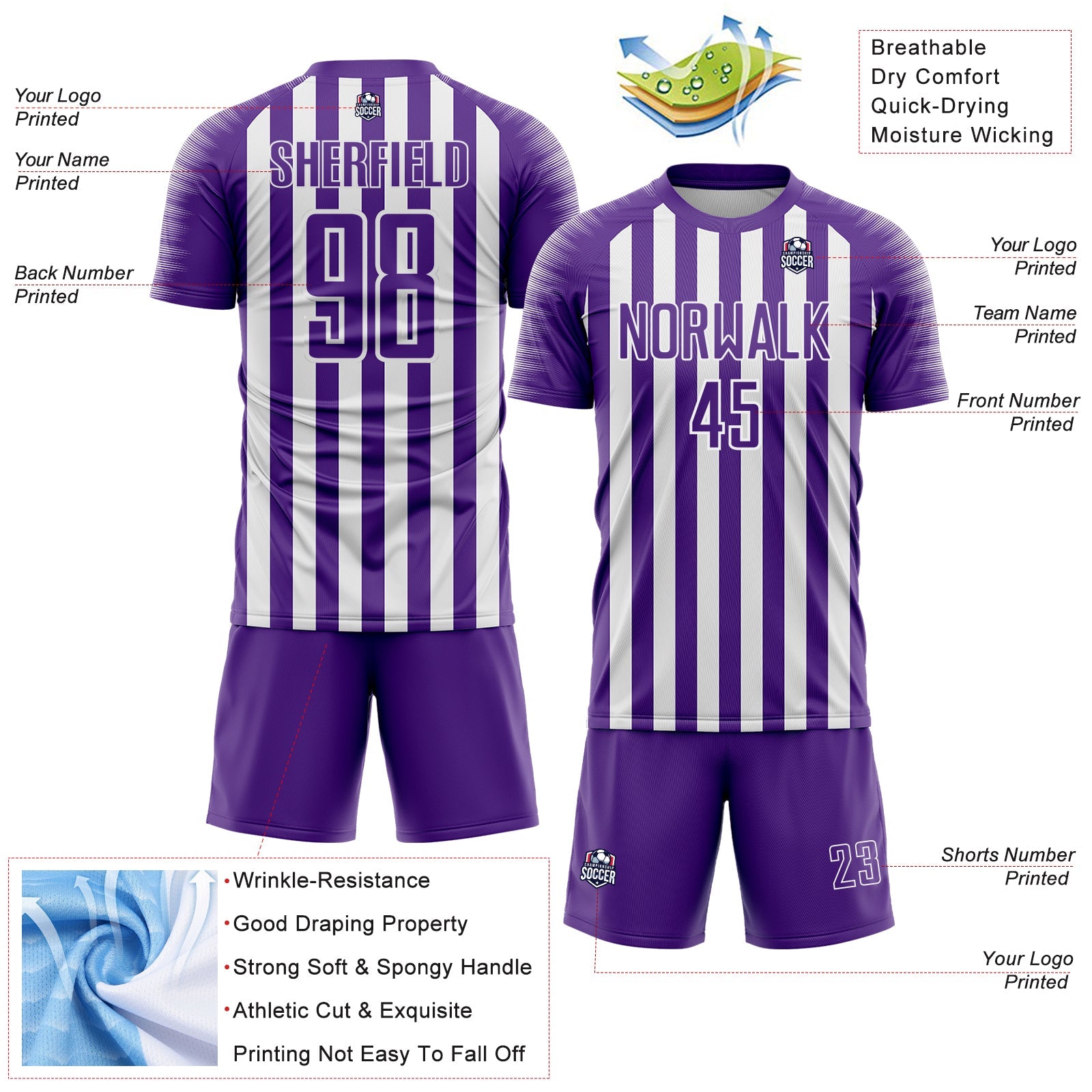 Custom Purple White Stripe Sports Sublimation Soccer Uniform Jersey