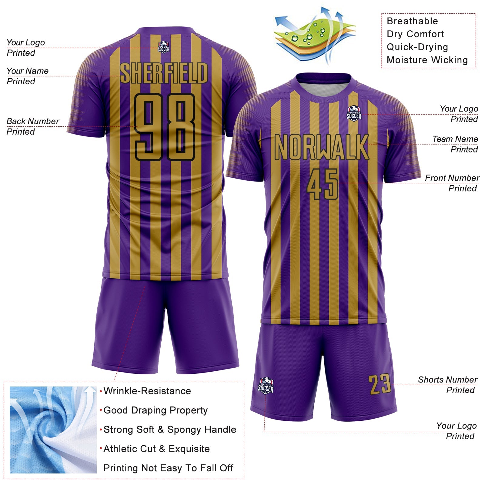 Custom Purple Old Gold-Black Stripe Sports Sublimation Soccer Uniform Jersey